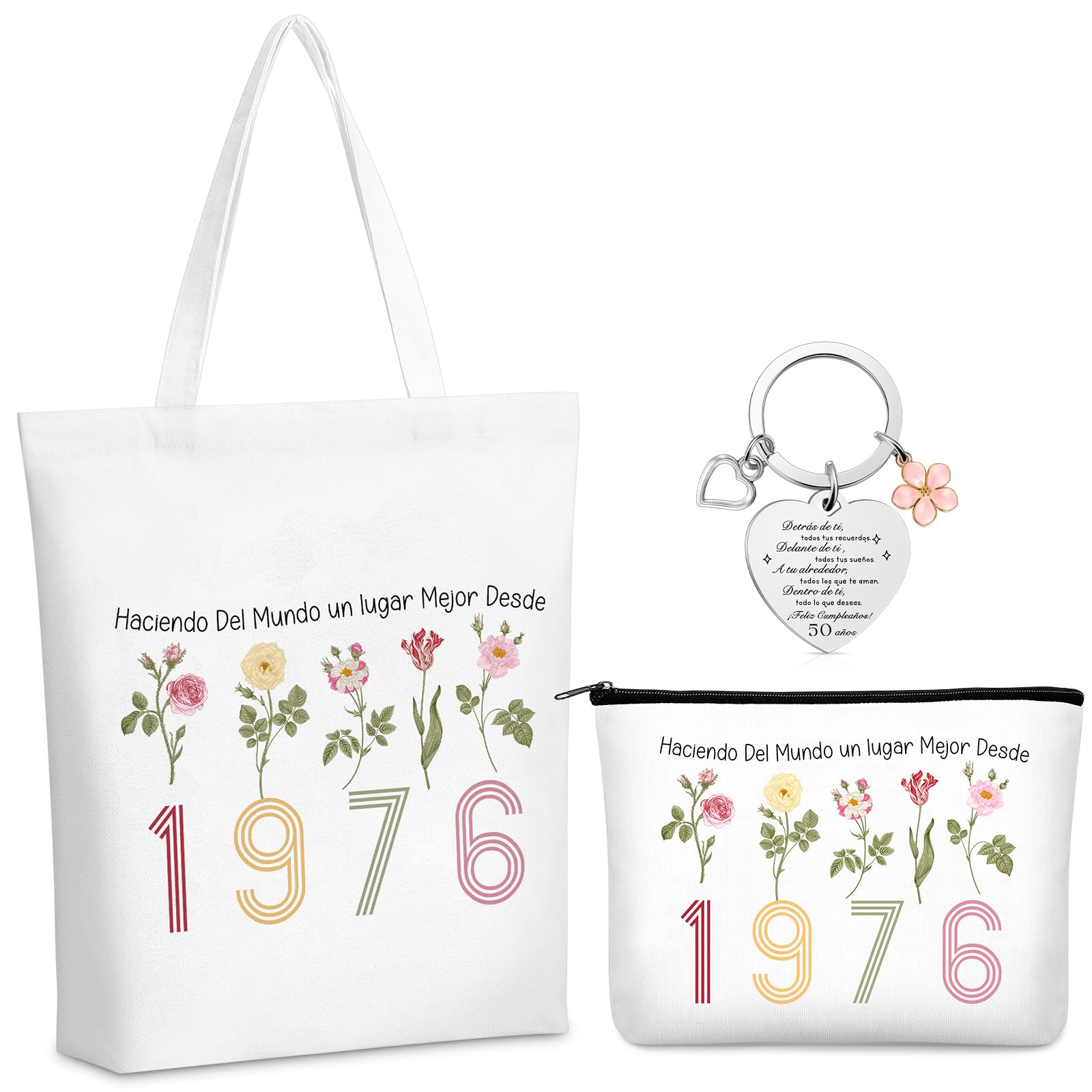 Xuniea Regalo Cumpleaños para Mujer, Bolsa de Maquillaje Arcoíris, Bolsa de Lona, Llavero de Acero Inoxidable, Regalo para Cumpleaños Aniversario Despedida Navidad (50 Años)