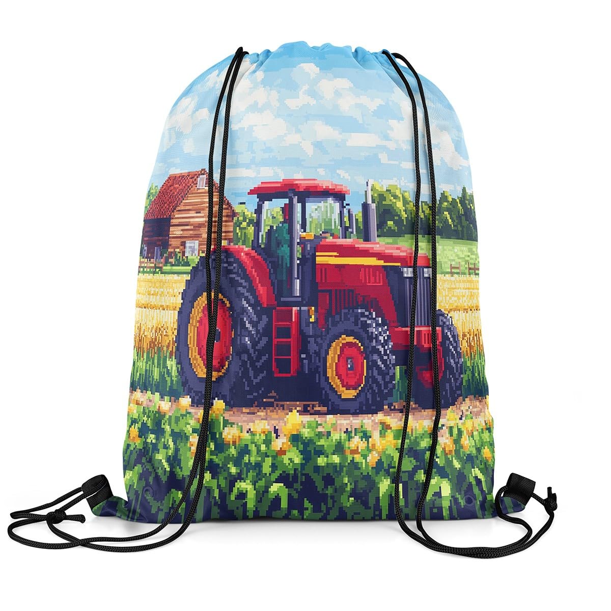 Farm Tractors Sports Backpack Gamer Cartoon Rustic Farm Drawstring Sackpack Pixelated Video Games Drawstring Backpack for Women Gym Shopping Sport Yoga