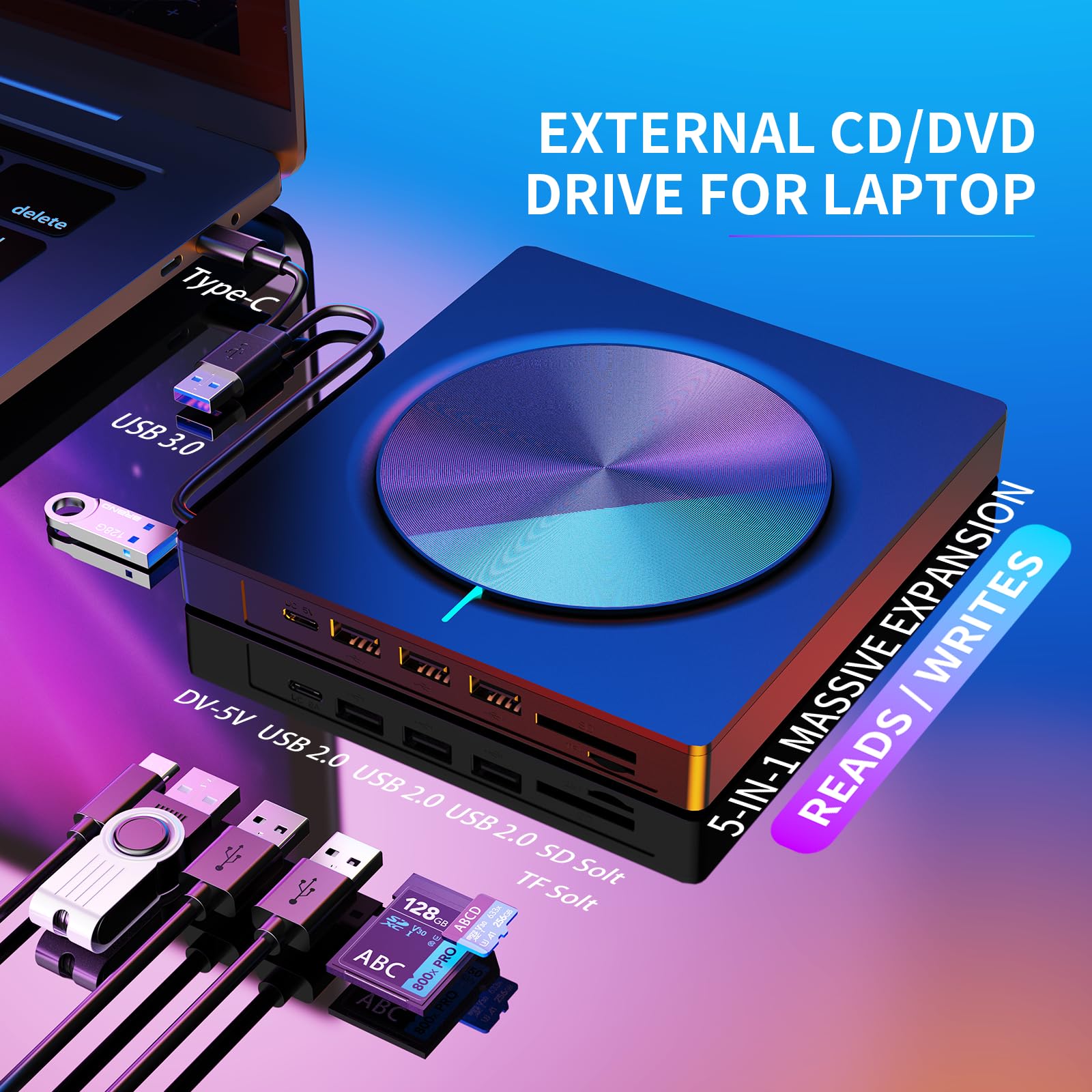 Lettore DVD Unità Esterna USB 3.0&Type C Lettore CD/DVD -/+RW Drive CD ROM per PC Portatile con 3 porte USB-A, USB 3.0, DV e Lettore di Schede TF/SD per Win/MacOS/Linux/Laptop/Desktop/Macbook Air/Pro