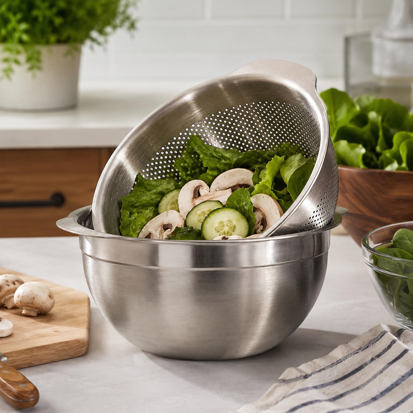 Produce - Juego de coladores para lavar (27 cm) | Lavabo de acero inoxidable 304, cesta de drenaje con asas, herramienta de enjuague de cocina