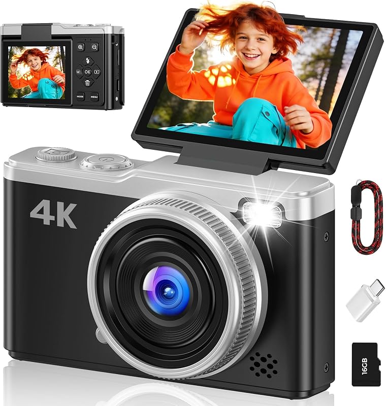4K 64MP Autofocus Digital Camera with 180° Flip Screen