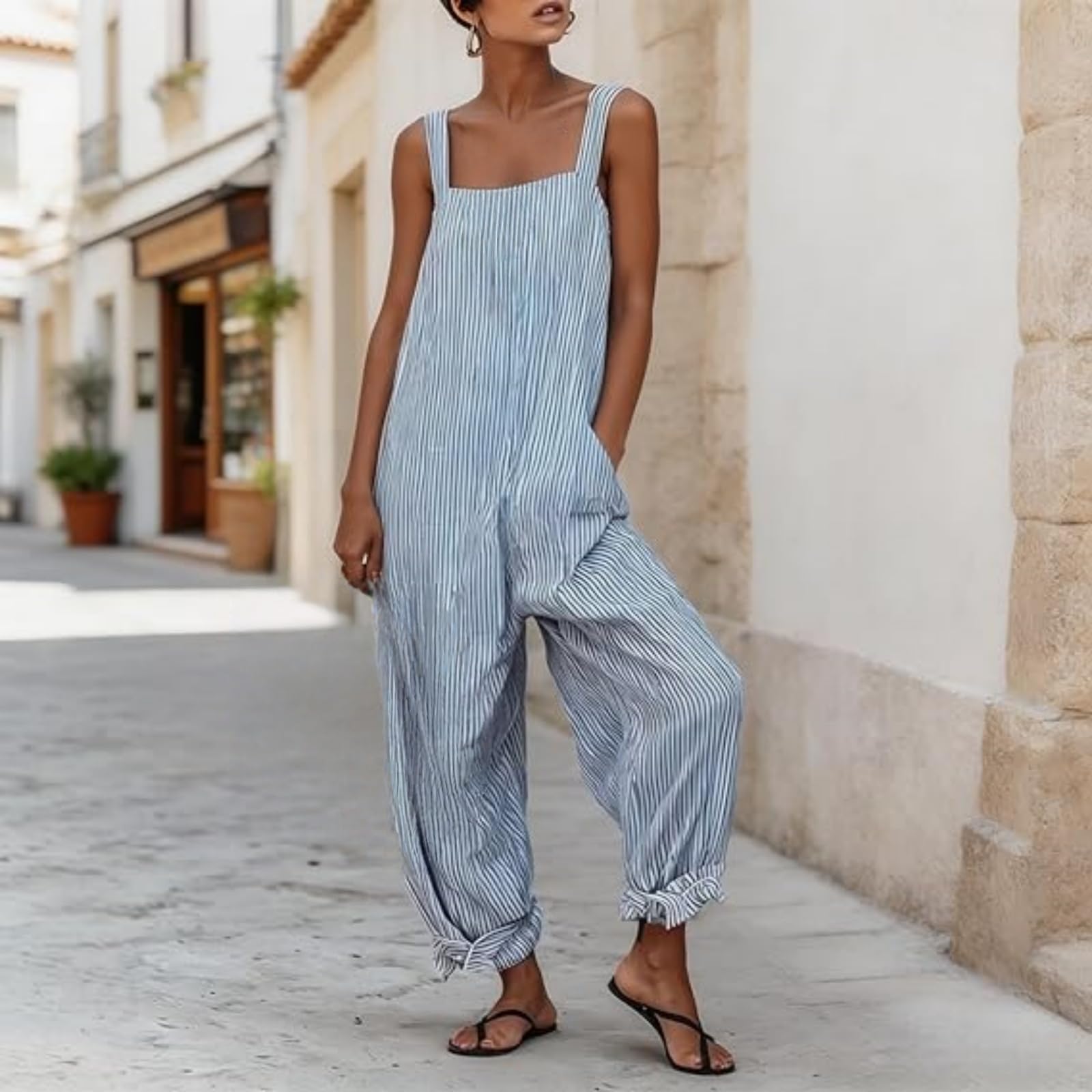 Tuta intera da donna a righe, stile minimalista, scollo quadrato, senza maniche, gamba larga e vestibilità comoda con tasche – Ideale per l'estate