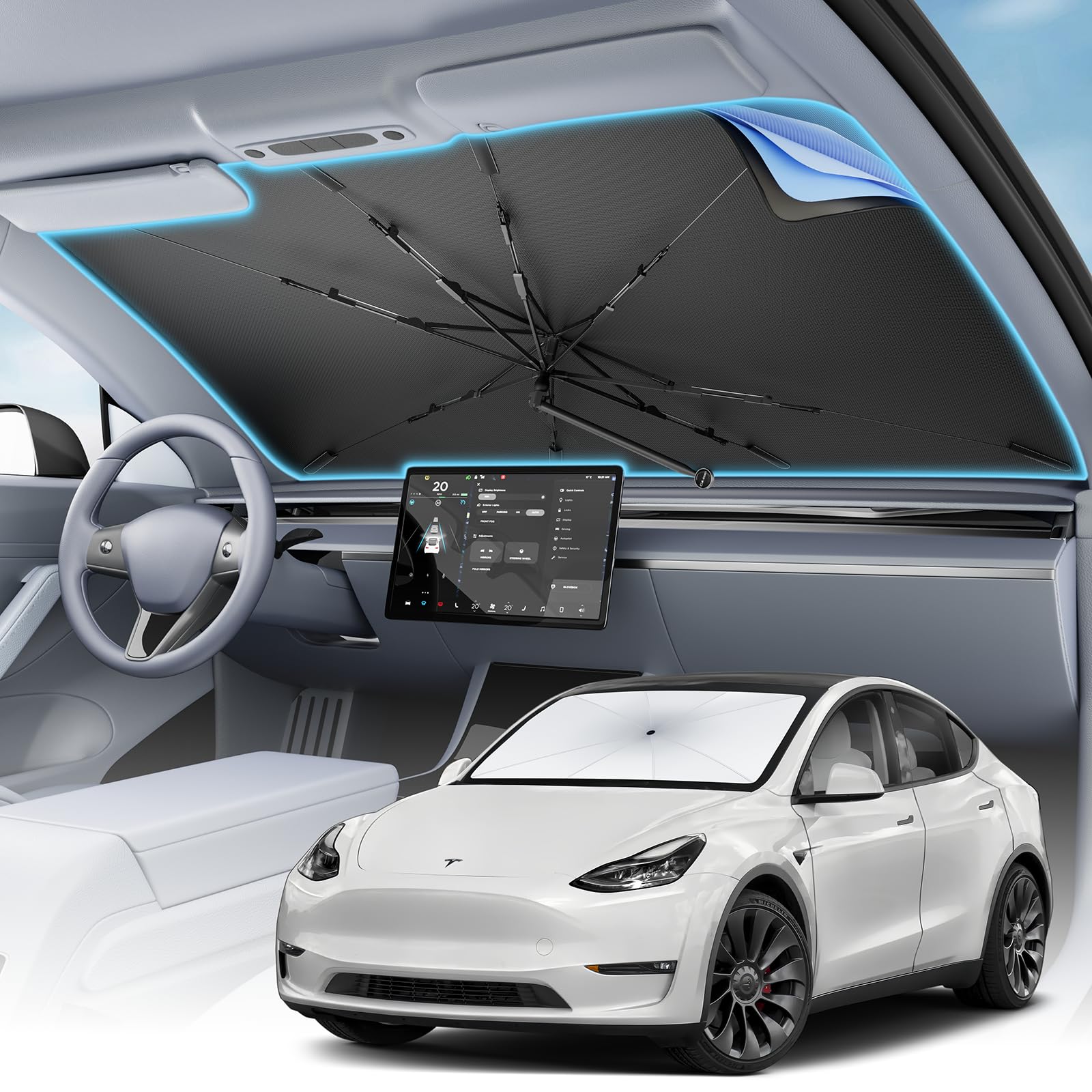 Cimesen Car Windshield Sun Shade - Foldable Retractable Sedan SUV Windshield Sunshade Umbrella, [2025 Upgrade Titanium Silver Coating], Front Window Heat Insulation Protection for Car Windshield
