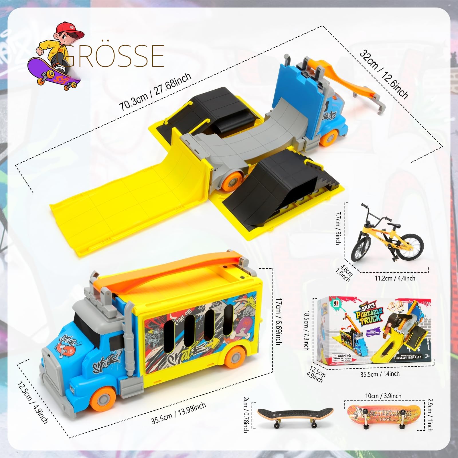 Fingerboard Rampe Set, verwandelbarer Truck zum Mini Skatepark, Skateboard Rampe mit 3 Finger Skateboards und 1 Finger Bike, tragbares Fingerboard Spielzeug für Kinder ab 3 Jahren