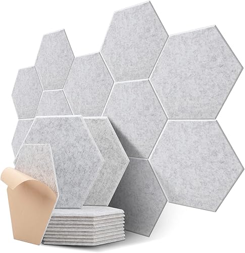 Paquete de 12 paneles de pared insonorizados, paneles autoabsorbentes de sonido, paneles acústicos hexagonales de alta densidad para tratamiento