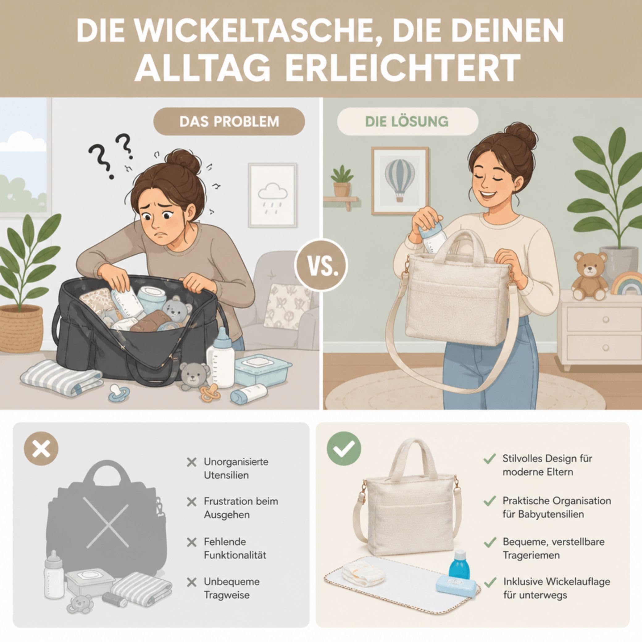 Fillikid Wickeltasche Teddy Big Exklusiv | Stilvolle Wickeltasche aus weichem Teddy-Material | Mit goldenen Details Wickelauflage, Schultertragegurt & Befestigungshaken für Kinderwagen und Buggys