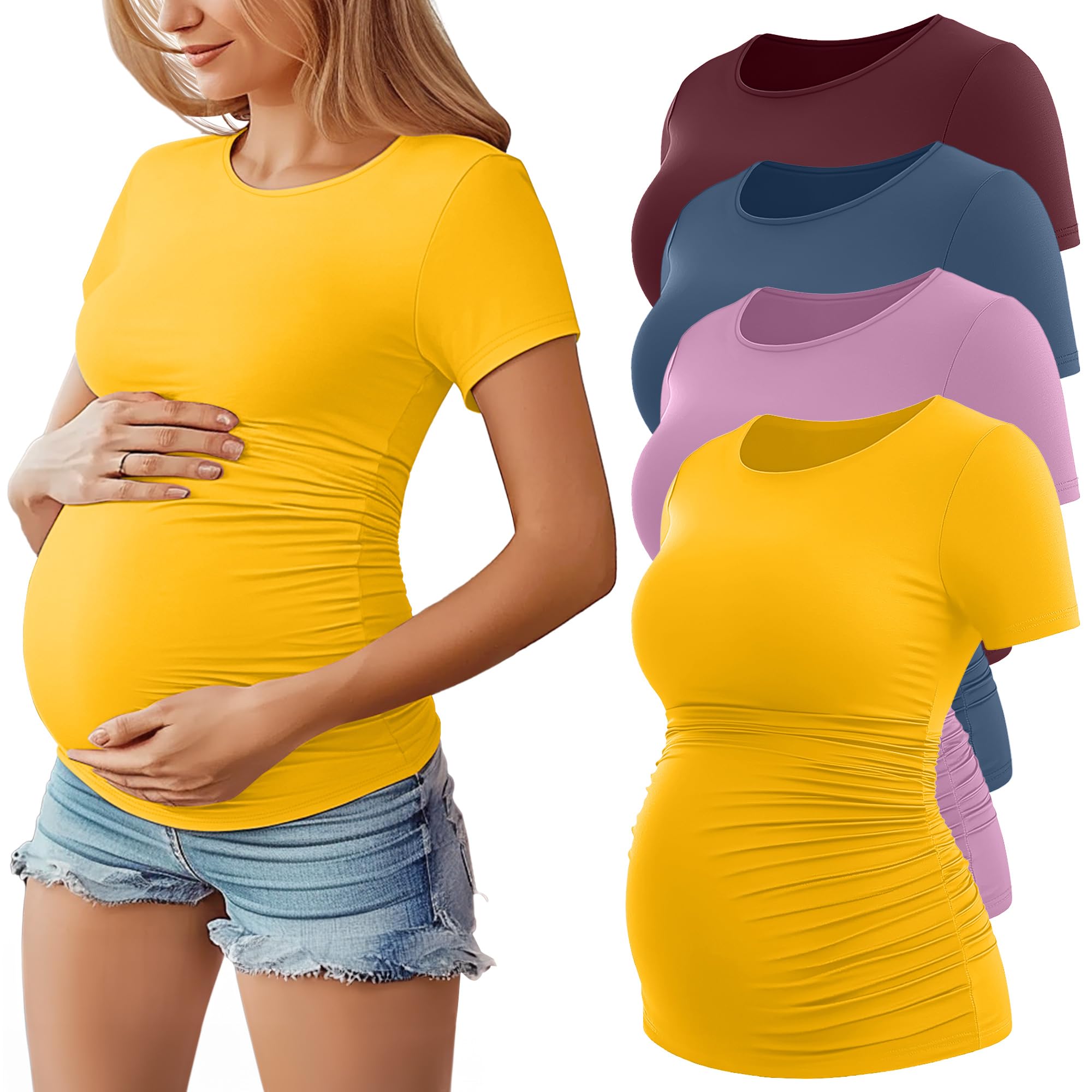 Geyoga Lot de 4 T-Shirts de Maternité pour Femme, à Manches Courtes, Col Rond, Coupe Décontractée avec Fronces sur Les Côtés