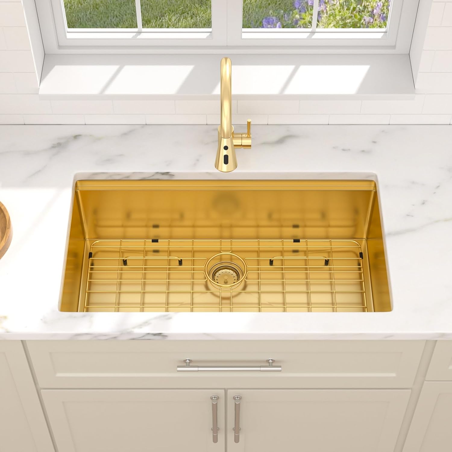 Dcolora 36 In. Gold Undermount Kitchen Sink, Workstation with Valued Accessories, Heavy Duty 16 Gauge 304 Stainless Steel Luxury Gold Nano-PVD, 36"x19"x10" Large Single Bowl #DC-U2533007GW