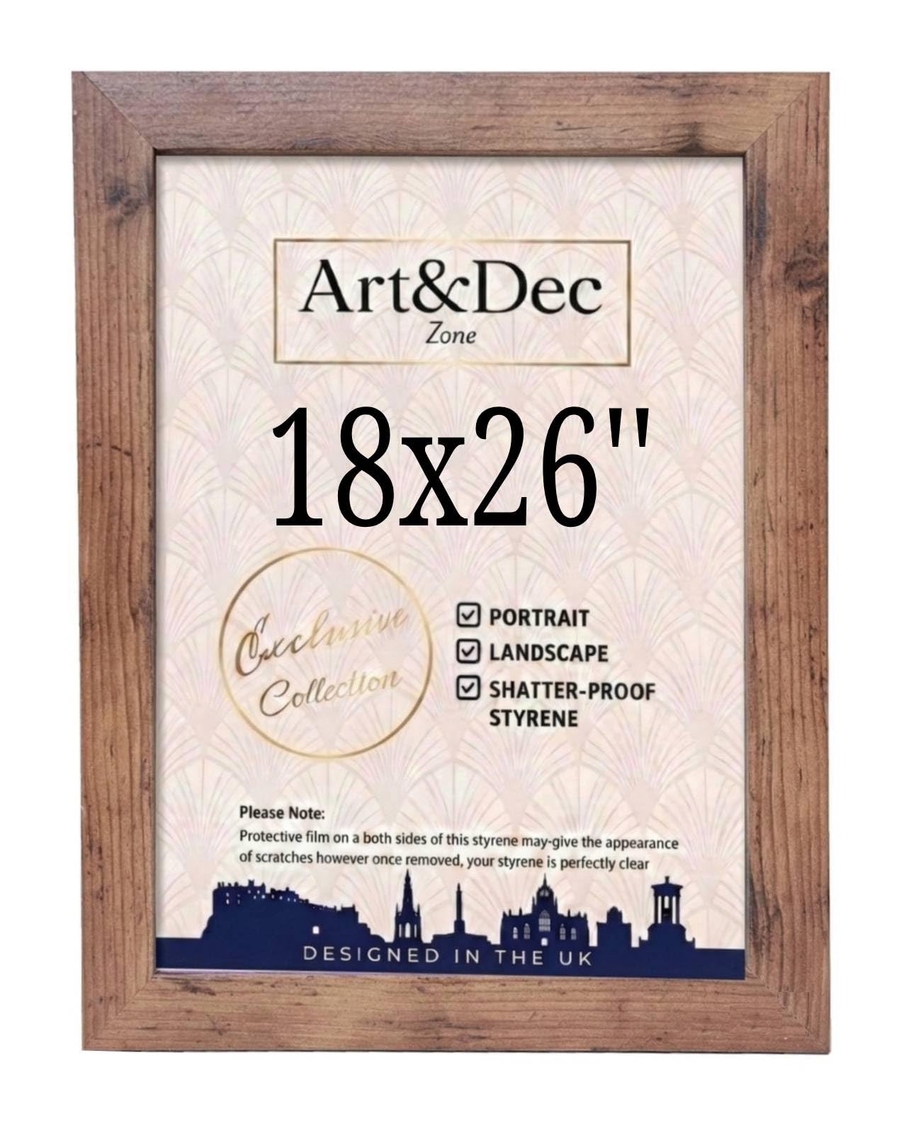 Art & Dec Zone® Vintage-style Rustic MDF Picture Frame 18x26 Inch – High-Clarity Shatter-Proof Acrylic Poster Holder for Modern Wall Decor