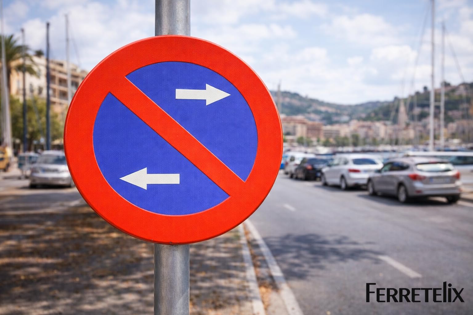 FERRETELIX® Señal Metálica Homologada MOPU 60 cm – R-308h Prohibido Aparcar Ambos Lados – Reflectante N1
