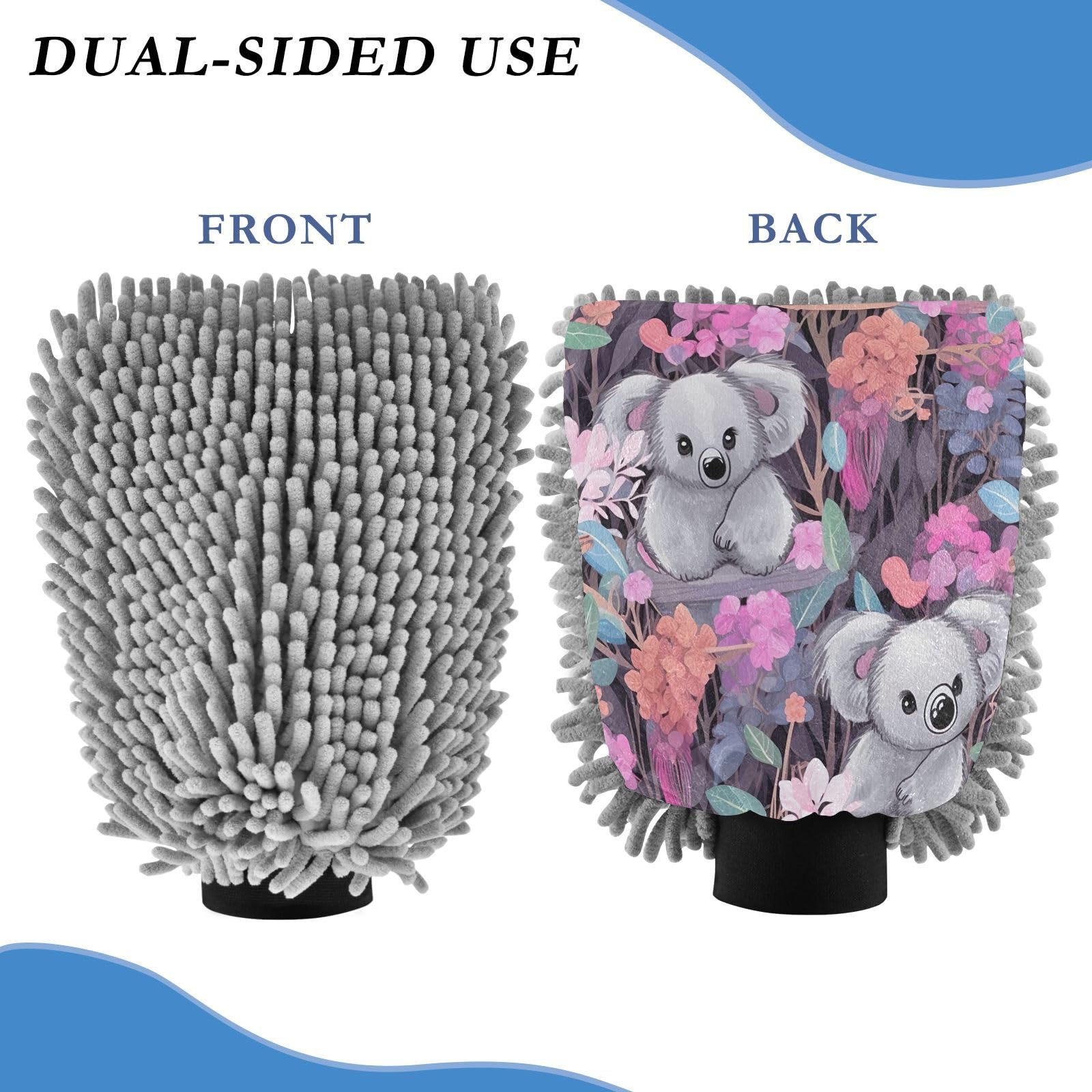 Flradish 2 Pack Koala Flower Car Wash Mitt Chenille Microfiber Lint-Free Scratch Free Ultra-Soft Absorbent Car Wash Mitt 11.8x8.07 Inch