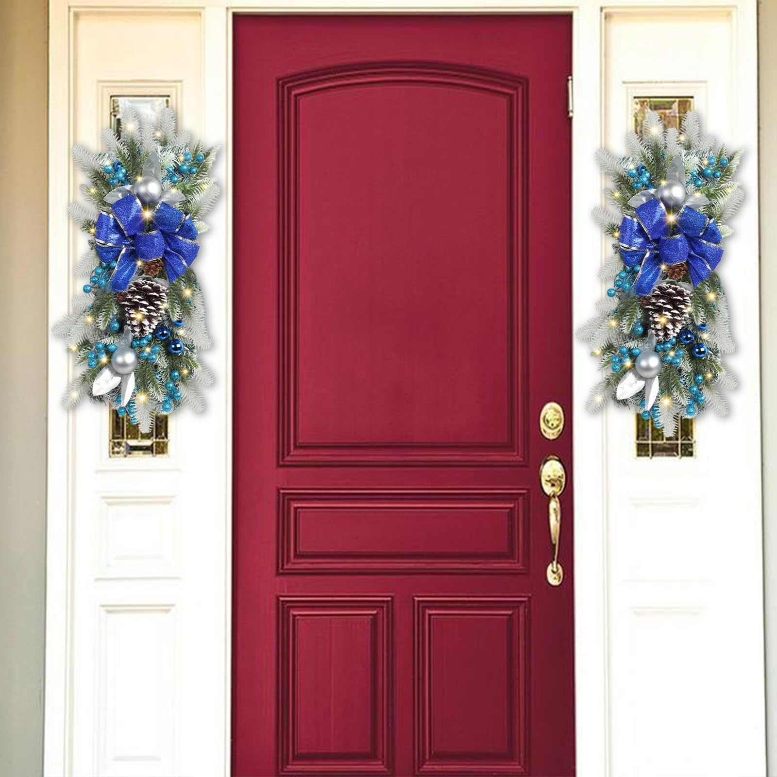 Türkranz Frühling 2PCS Weihnachtskranz Schleife mit Lichtern Outdoor Weihnachtskranz für Haustür für Urlaub Weihnachtsfeier Dekorationen (Blue, One Size)