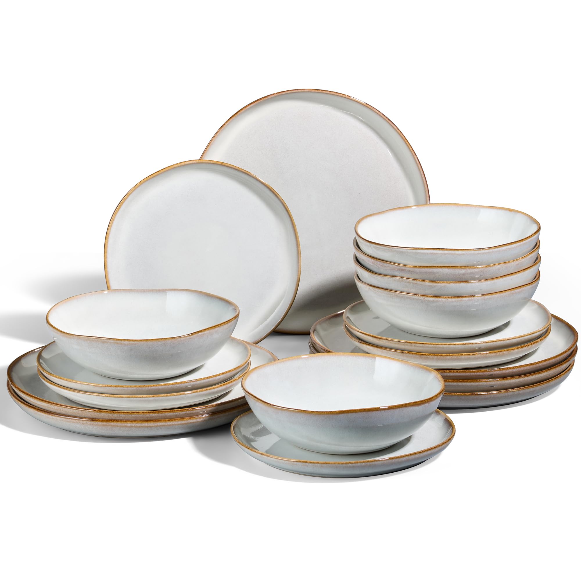 Joyfair Dinner Set, 18 Pieces Stoneware Dinnerware Set Service for 6, Reactive Glaze Irregular Shape Plates and Bowls, Chip & Scratch Resistant, Microwave & Dishwasher Safe, Gilded Alabaster White