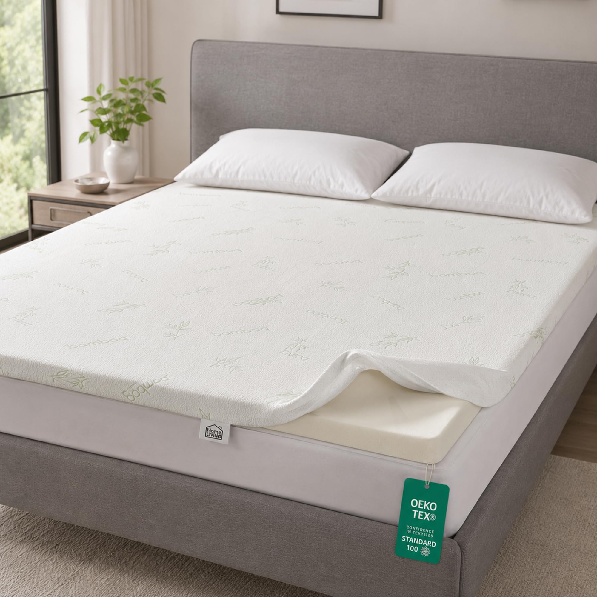 Memory Foam Mattress Topper With Bamboo Cover, 4 cm, Cooling And Breathable King Mattress Topper, Pressure Relief Support, Anti-Slip Backing, Removable Washable Cover