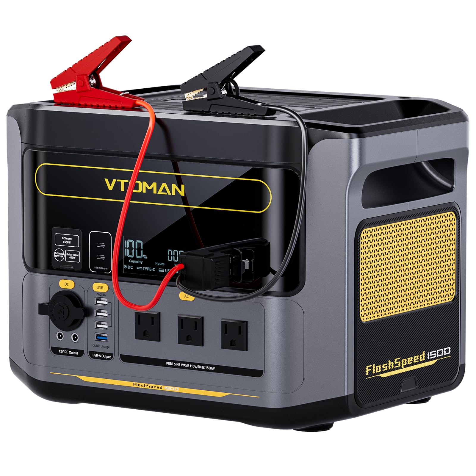 VTOMAN FlashSpeed 1500 Portable Power Station with Jumper Cables, 1548Wh LiFePO4 Solar Generator &amp; Car Jump Starter, Recharge 0-100% in 1H, 1500W AC Output/Input, for Outdoor, Home, Roadside Rescue