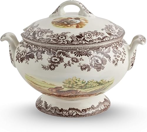 Spode Sopera Woodland con motivos de conejo, codorniz y pintaleta, sopera cubierta de 4.25 cuartos de galón, hecha de loza fina, apta para