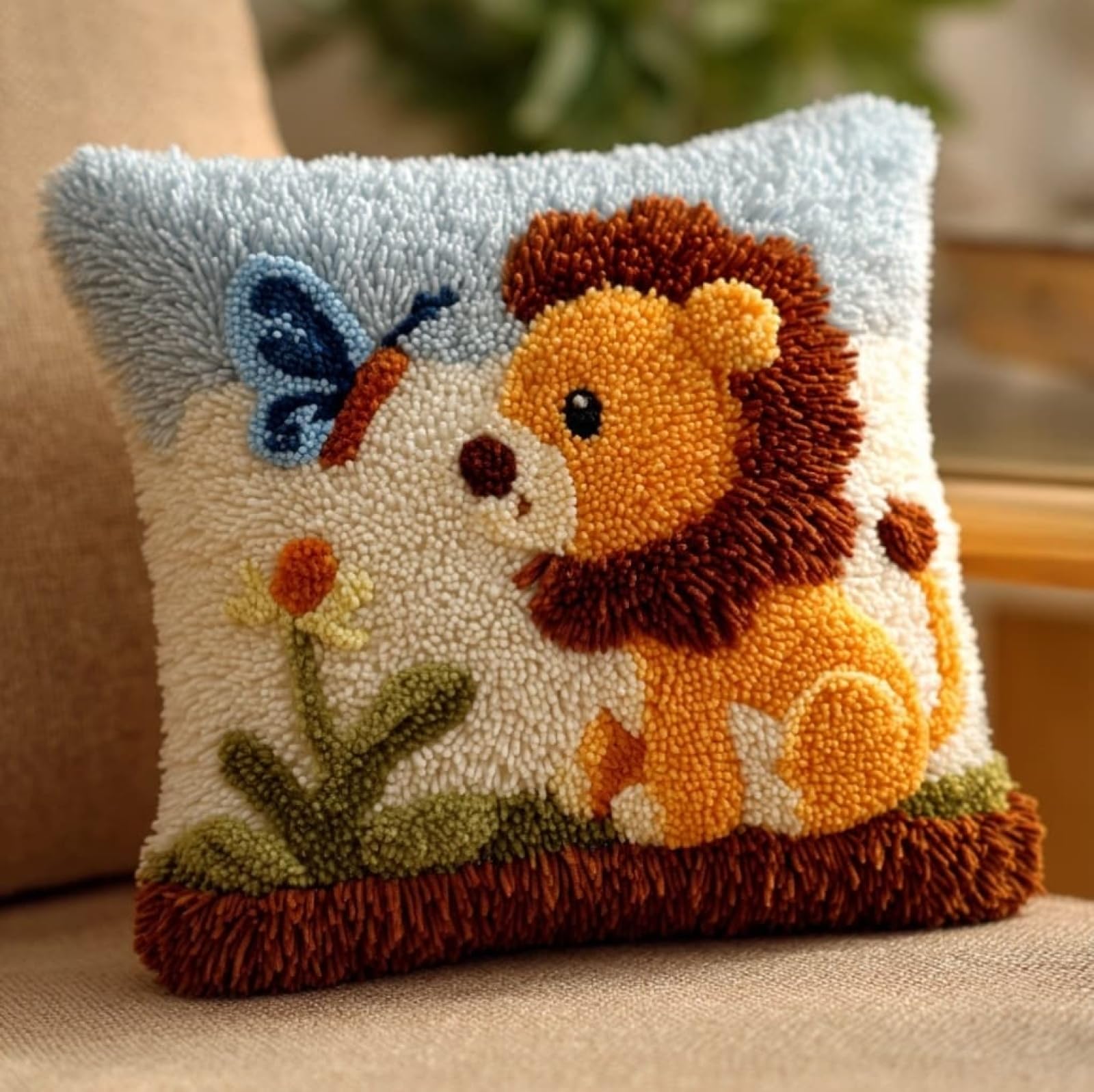 AxiangziK Latch Hook Pillow Craft Kit,Lion and Butterfly 43x43cm/17x17Inch,Complete Starter Kit for Beginners & Craft Enthusiasts