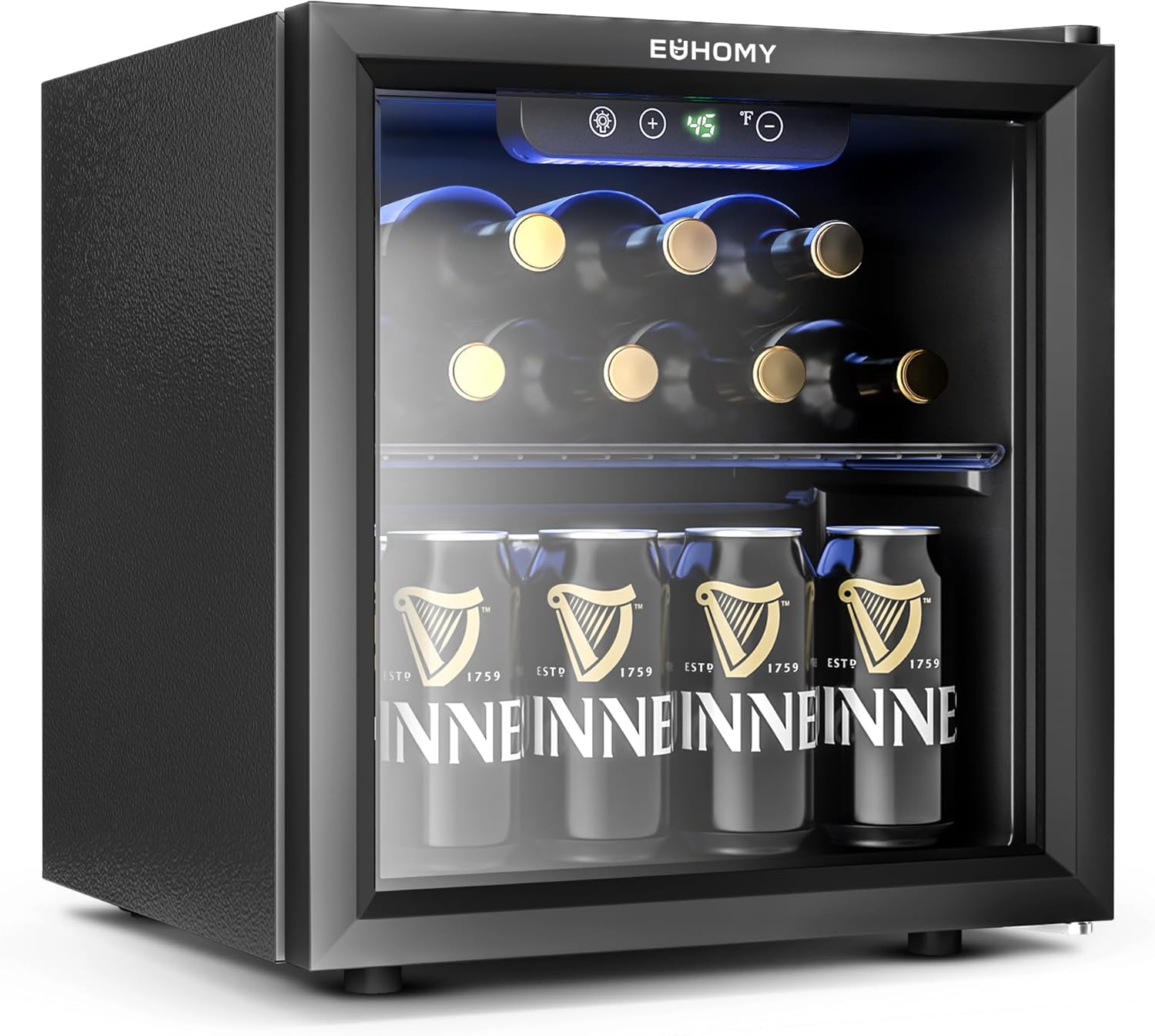 EUHOMY 12 Bottle 48 Can Mini Fridge Cooler, 1.3 Cu.Ft Beverage Refrigerator Glass Door for Beer Soda Wines,Small Refrigerator with Adjustable Shelves and LED Light for Office, Home, Dorm, Bar