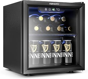 EUHOMY 12 Bottle 48 Can Mini Fridge Cooler, 1.3 Cu.Ft Beverage Refrigerator Glass Door for Beer Soda Wines,Small Refrigerator with Adjustable Shelves and LED Light for Office, Home, Dorm, Bar