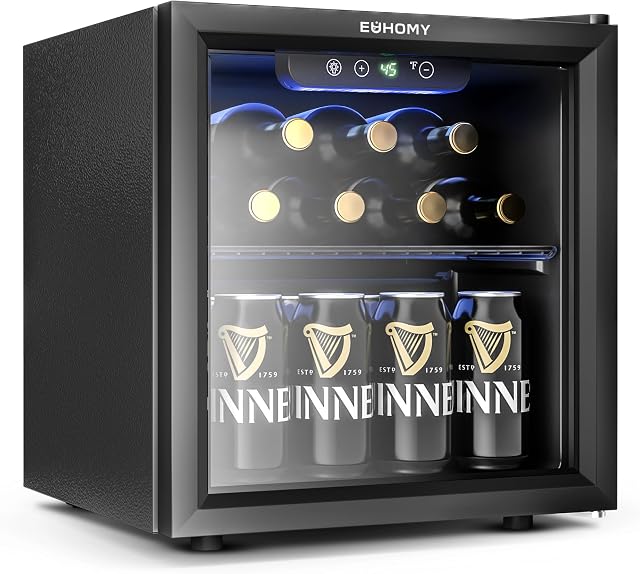 EUHOMY 12 Bouteille 48 Peut Mini Refroidisseur de réfrigérateur, 1.3 Cu.Ft Boissons Réfrigérateur Porte en verre pour vins de soda de bière,Petit réfrigérateur avec étagères réglables et LED Lumière pour bureau, maison, dortoir, bar