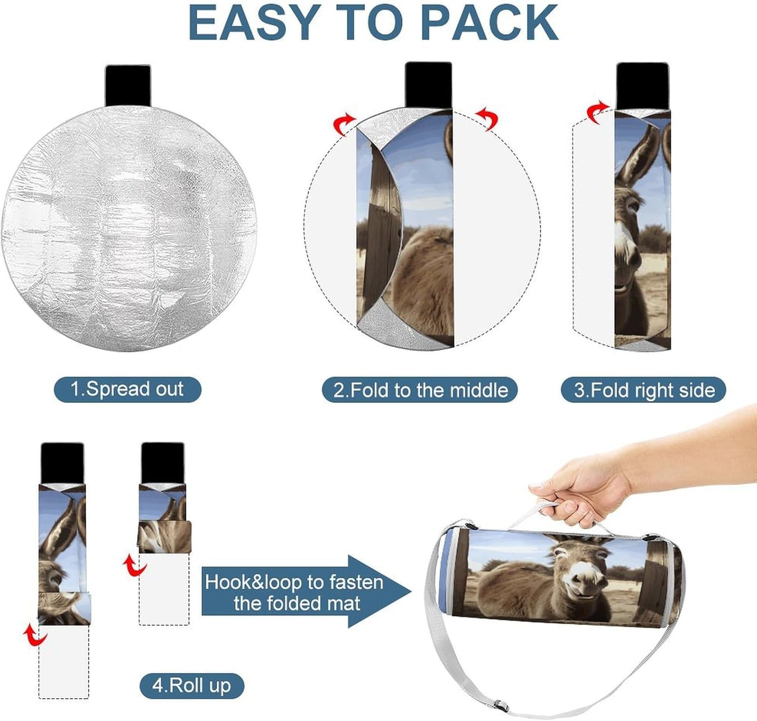 Funny Donkey Picnic Mat Lightweight Waterproof Picnic Blankets Extra Large Picnic Outdoor Blankets Foldable Sandproof Beach Blanket for Park Beach Camping Courtyard 58.3''x58.3''
