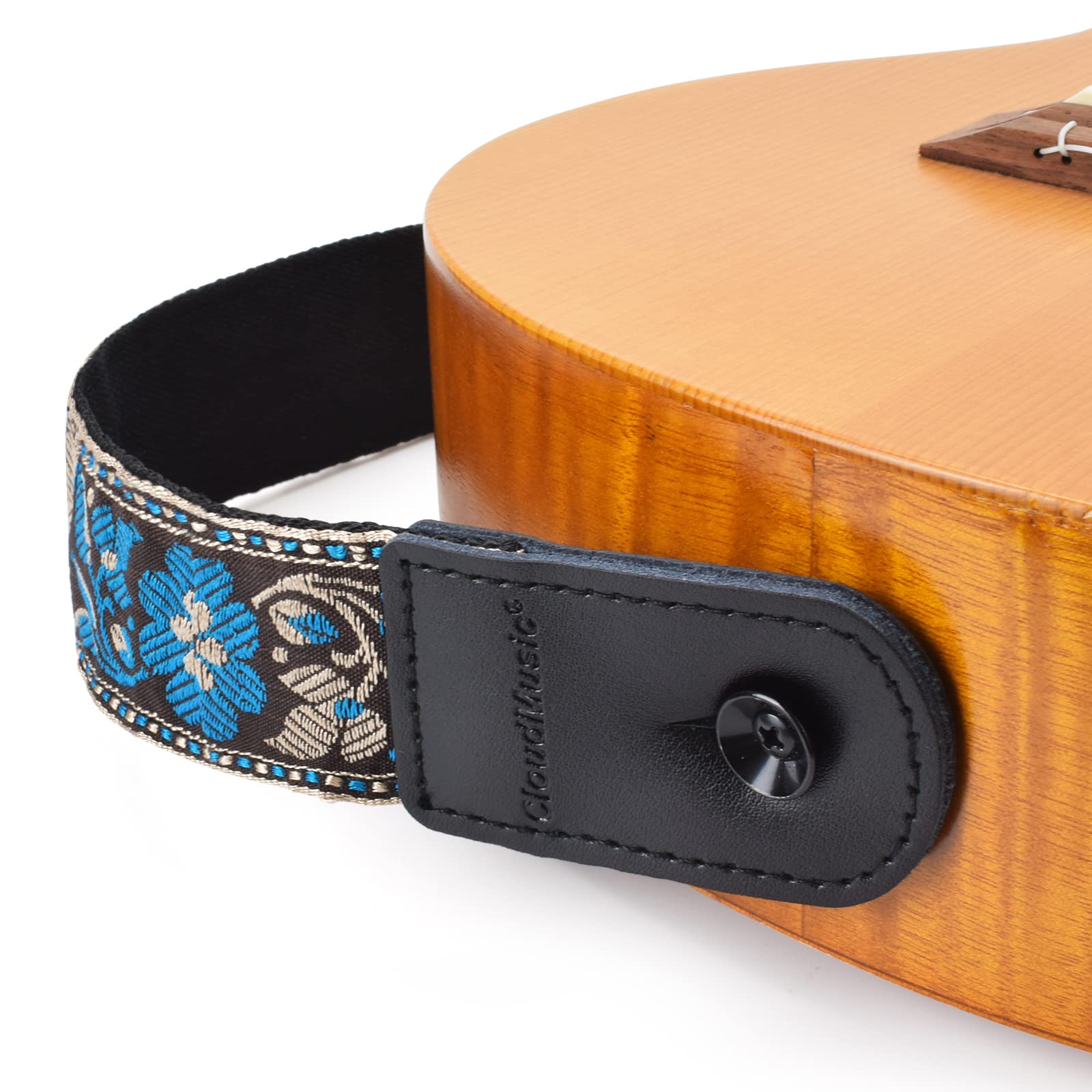CloudMusic Wysokiej jakości regulowany pasek ukulele Hootenanny w stylu hootenanny wytrzymały bawełniany i prawdziwa skóra łatwe wkręcanie końcówka i koronkowy krawat 132 cm x 4 cm artystyczny kwiat wzór