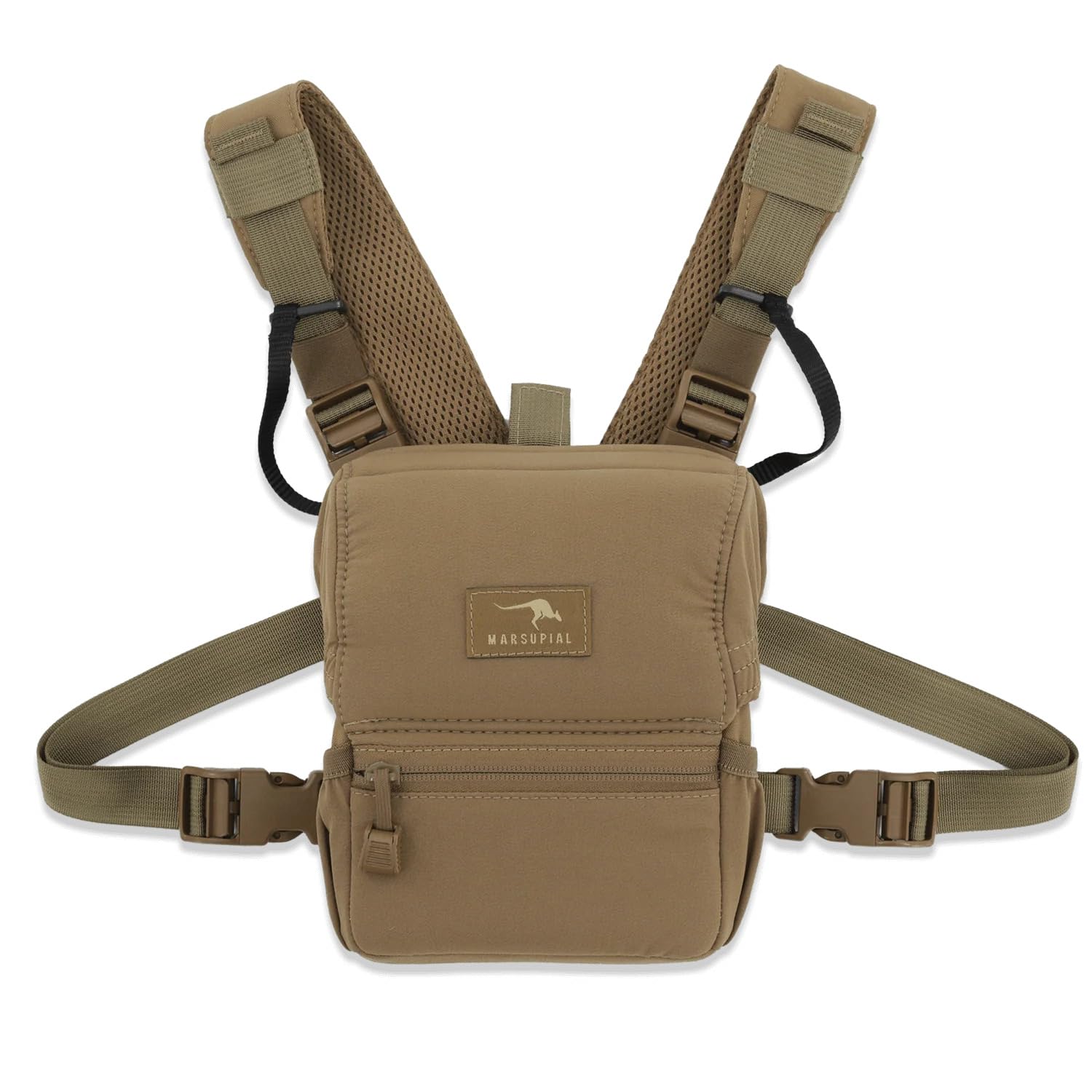 Marsupial Gear No-Mag Enclosed Binocular Pack - Magnet-Free Hunting Bino Chest Harness with Silent Fleece Lining, Coyote Brown, Medium