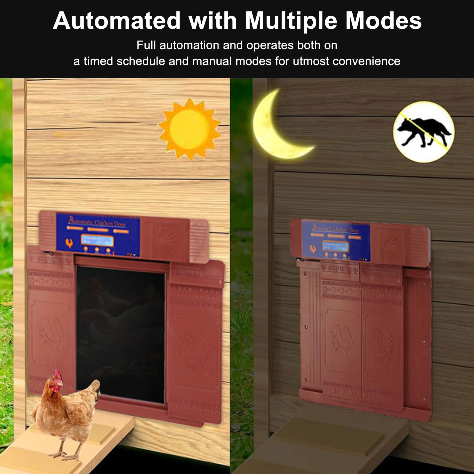 Porta automatica per pollaio, apriporta elettrico per pollaio alimentato a batteria solare con timer, display a LED doppie porte apriporta elettrico per pollaio per polli, anatre, oche (Bronzo)