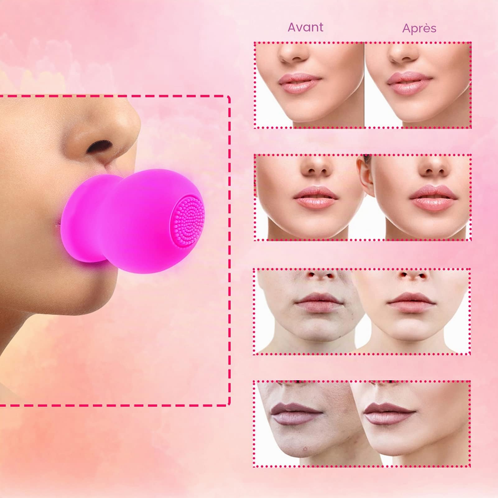 Appareil Plus Pulpeux pour les Lèvres, Rehausseur de Lèvres Beauté Plus Grande Bouche Rapidement Visage Propre Massage Pompe à Lèvres en Silicone avec Brosse(rose)