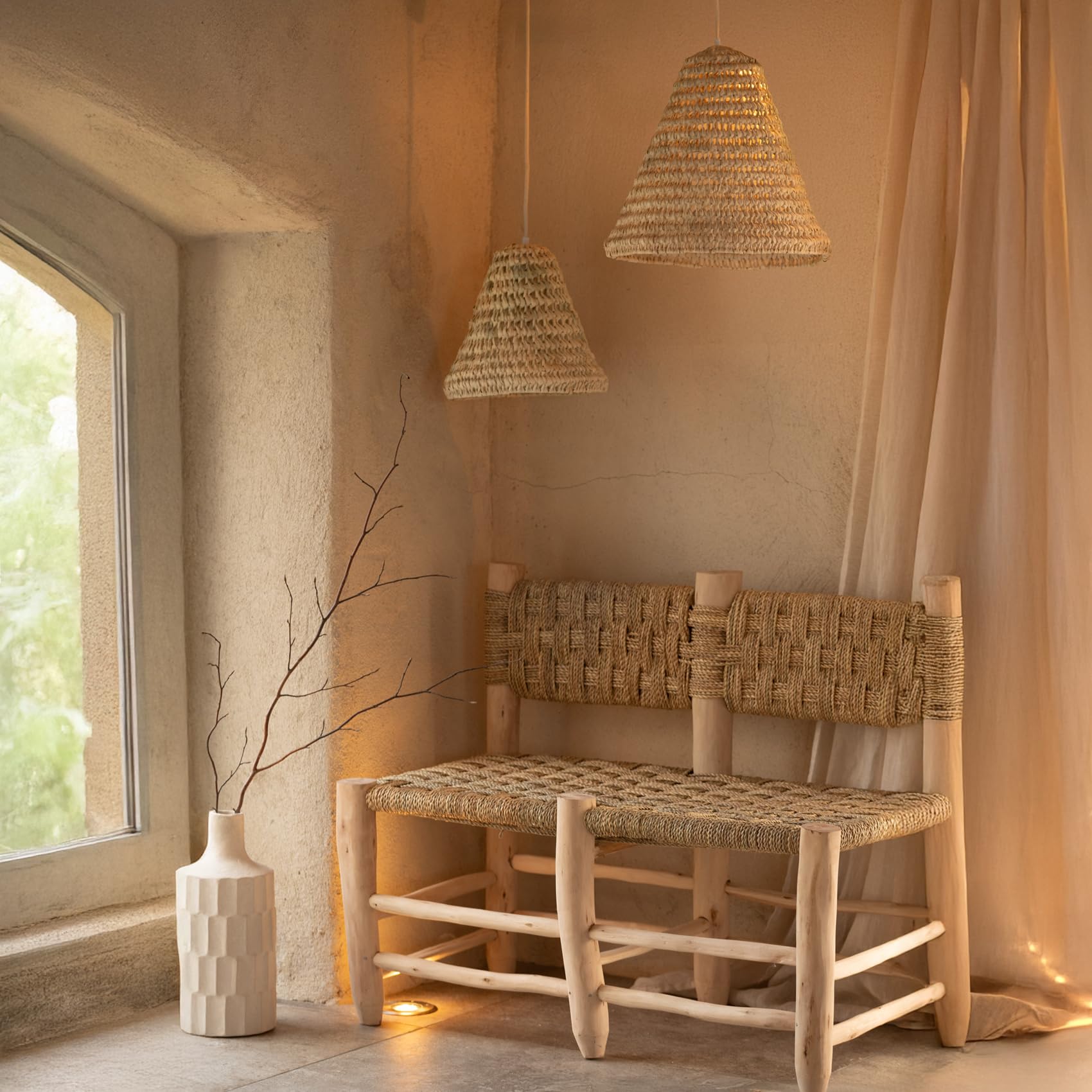 Homemaison - Double Banquette Marocaine Tressage Damier - Bois et Fibres Naturels - Fabrication Artisanale Unique - Mobilier d'Entrée, Chambre, Salon - 100 x 60 x 75 cm - Naturel