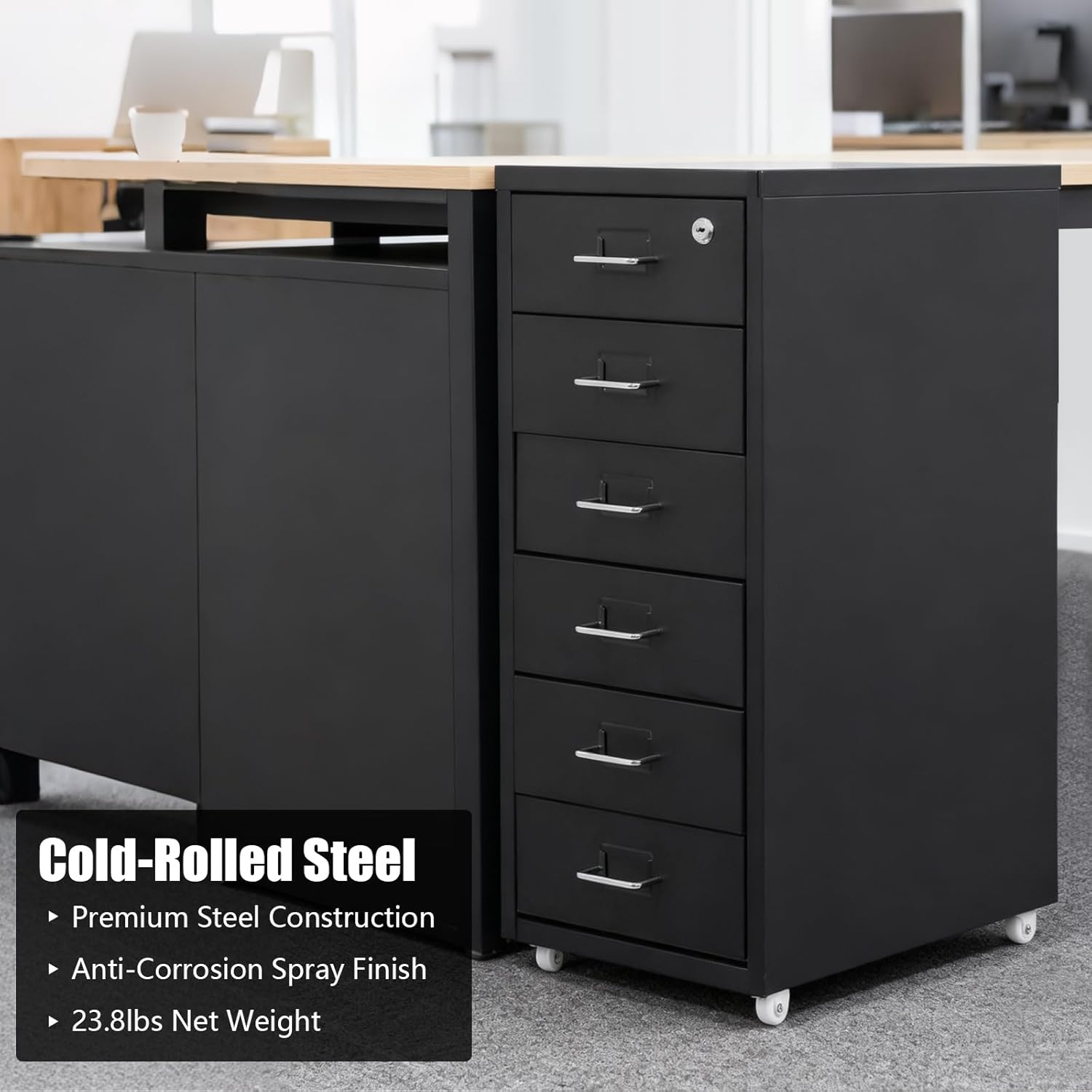 6 Drawer Vertical File Cabinet, Black Metal File Cabinet with Lock, Office Under Desk Storage Filing Cabinet on Wheels, Removable MultiDrawer Cabinet for Home, Dresser (Black)