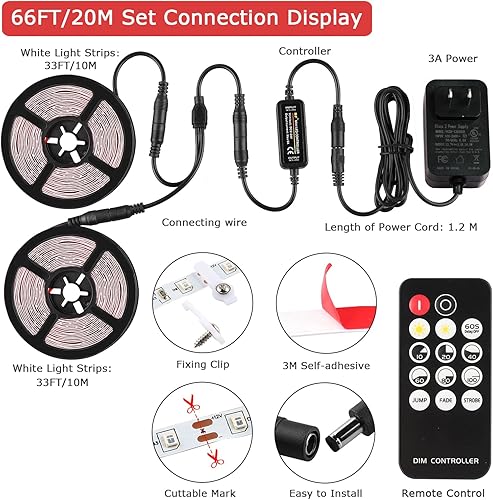 Miniatura 3 de Tira de luces LED blancas, tira de luz regulable de 66 pies con control remoto de 6500 K, luz blanca brillante, 1200 luces LED flexibles con fuerte