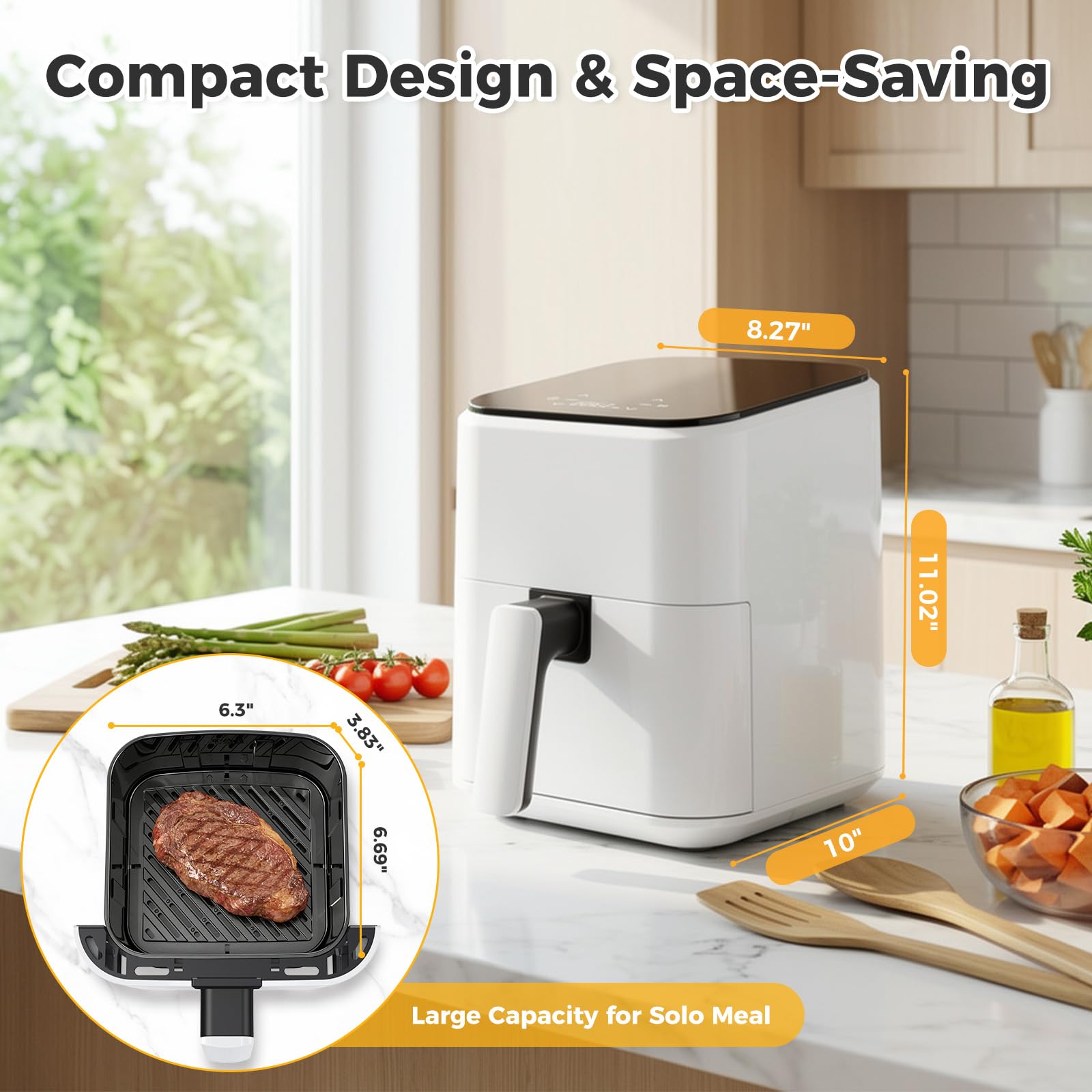 OLIXIS 3QT Air Fryer, Small Air Fryer with Digital PP Touch Panel, 400℉ Max Temp, Overheat Protection and Auto Shut-off, Nonstick and Dishwasher Safe Basket for Roast, Bake, Broil, Reheat, White view 5
