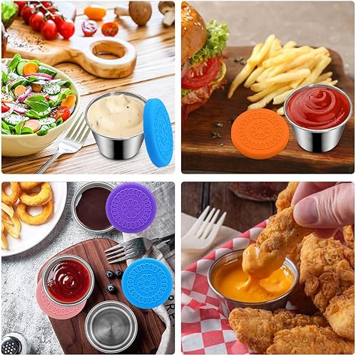 Miniatura 6 de Paquete de 6 recipientes de aderezo de ensalada de 2.4 onzas, pequeños recipientes de condimentos de acero inoxidable con tapas de silicona, a