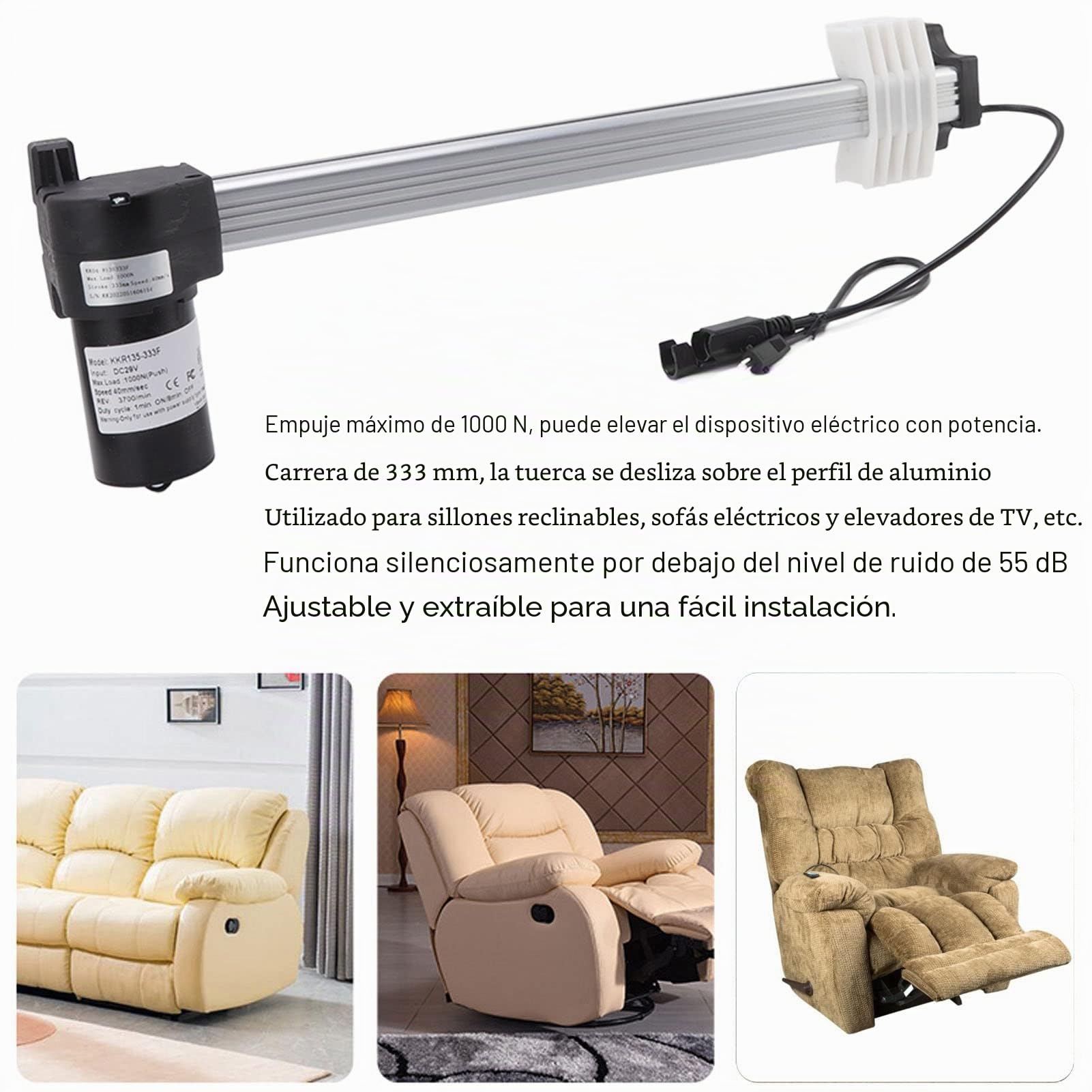 Fdit Actuador de Motor Reclinable de Energía Eléctrica 1000N Actuador de Motor de sofá Reclinable de Empuje para sofá Eléctrico, Sillón de Masaje