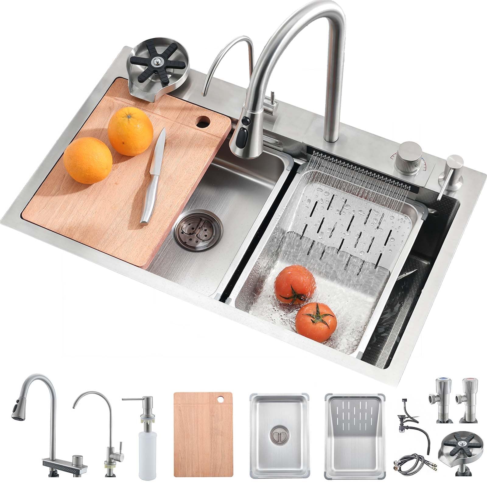 Fregadero de Cocina, Cascada de Acero Inoxidable Raindance Nano Fregadero, Multifuncional con Grifo Extraíble, Tabla de Cortar, Lavavasos, Rainfall Fregadero Cocina 1 Seno 75x45cm (Plata)