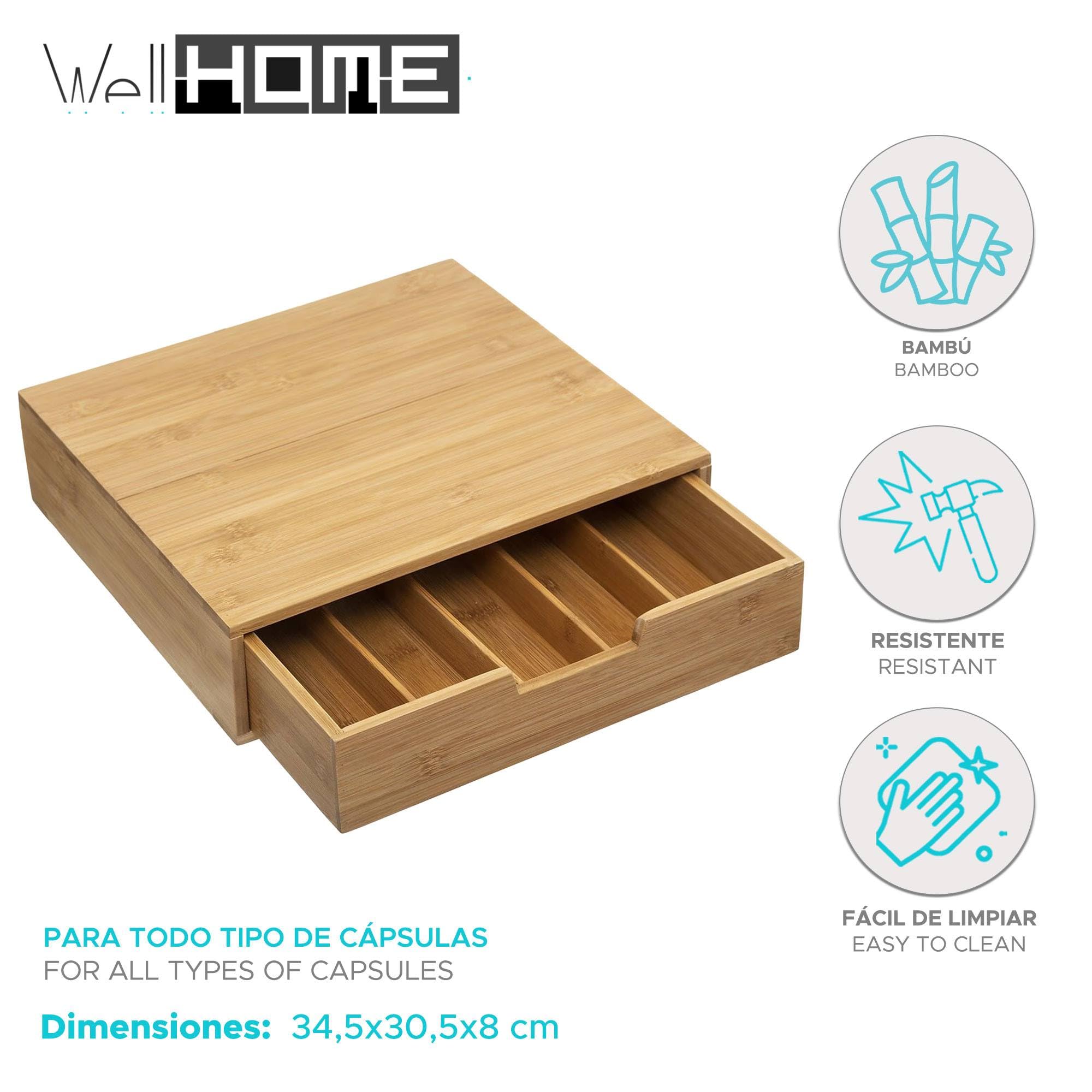 Well Home Porte-capsules avec 1 tiroir en bambou 34,5 x 30,5 x 8 cm