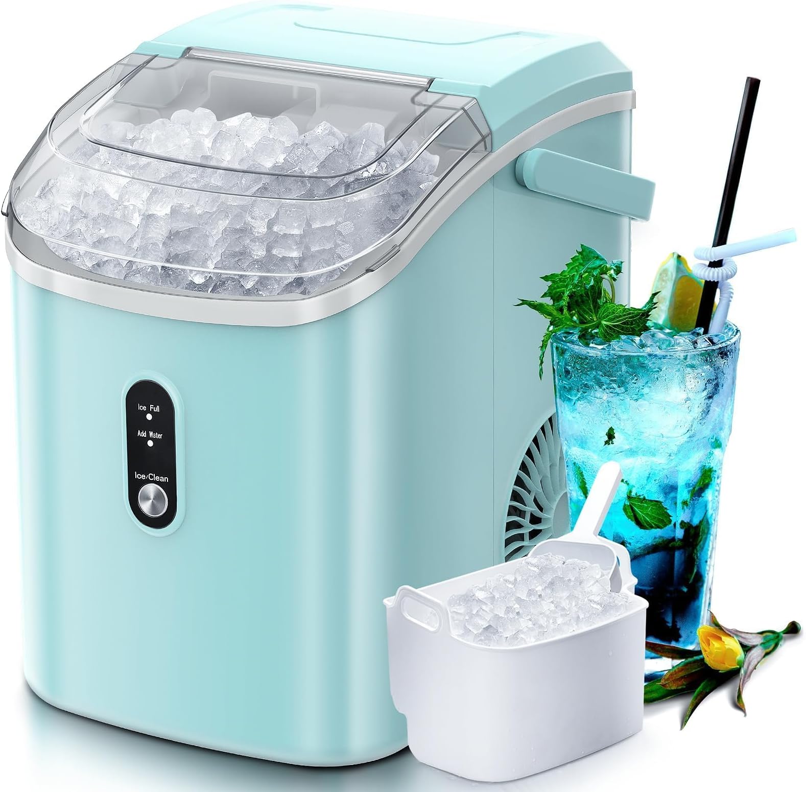 Nugget Countertop Ice Maker with Soft Chewable Pellet Ice, Automatic 34lbs in 24 Hours,Pebble Portable Ice Machine with Ice Scoop, Self-Cleaning, One-Click Operation, for Kitchen,Office Green