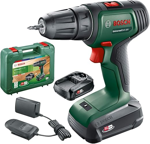 Bosch perceuse-visseuse sans fil UniversalDrill 18V (2 batteries, système 18 V, livré avec deux embouts de vissage et coffret)