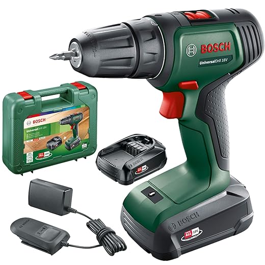 Bosch perceuse-visseuse sans fil UniversalDrill 18V (2 batteries, système 18 V, livré avec deux embouts de vissage et coffret)