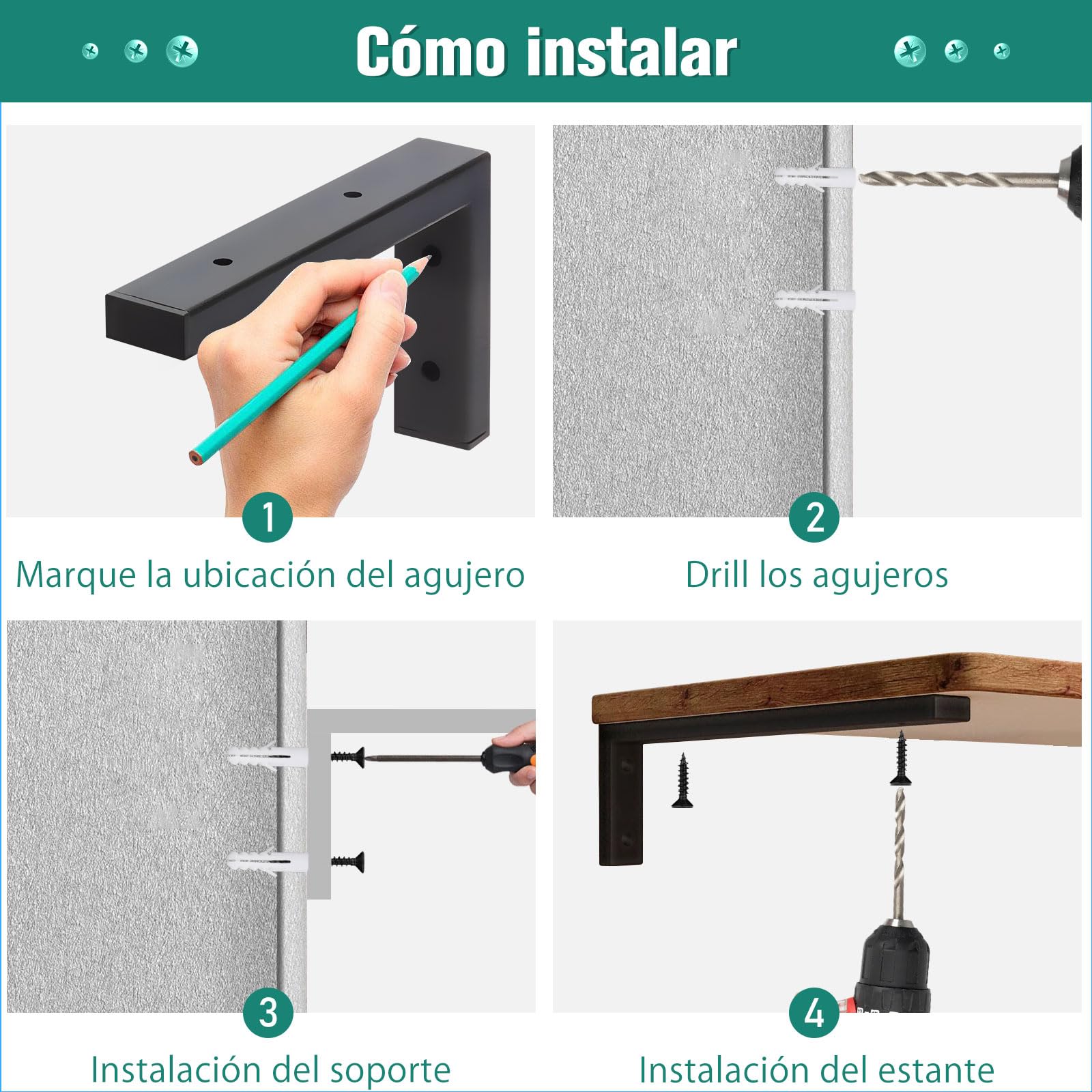 MLOQI 4 Piezas Escuadras para Estanterias, Soportes para Estantes, Escuadras Metalicas de L, Soportes de Pared para Lavabo con Tornillos Capacidad de Carga 50 kg (Negro 20 cm)