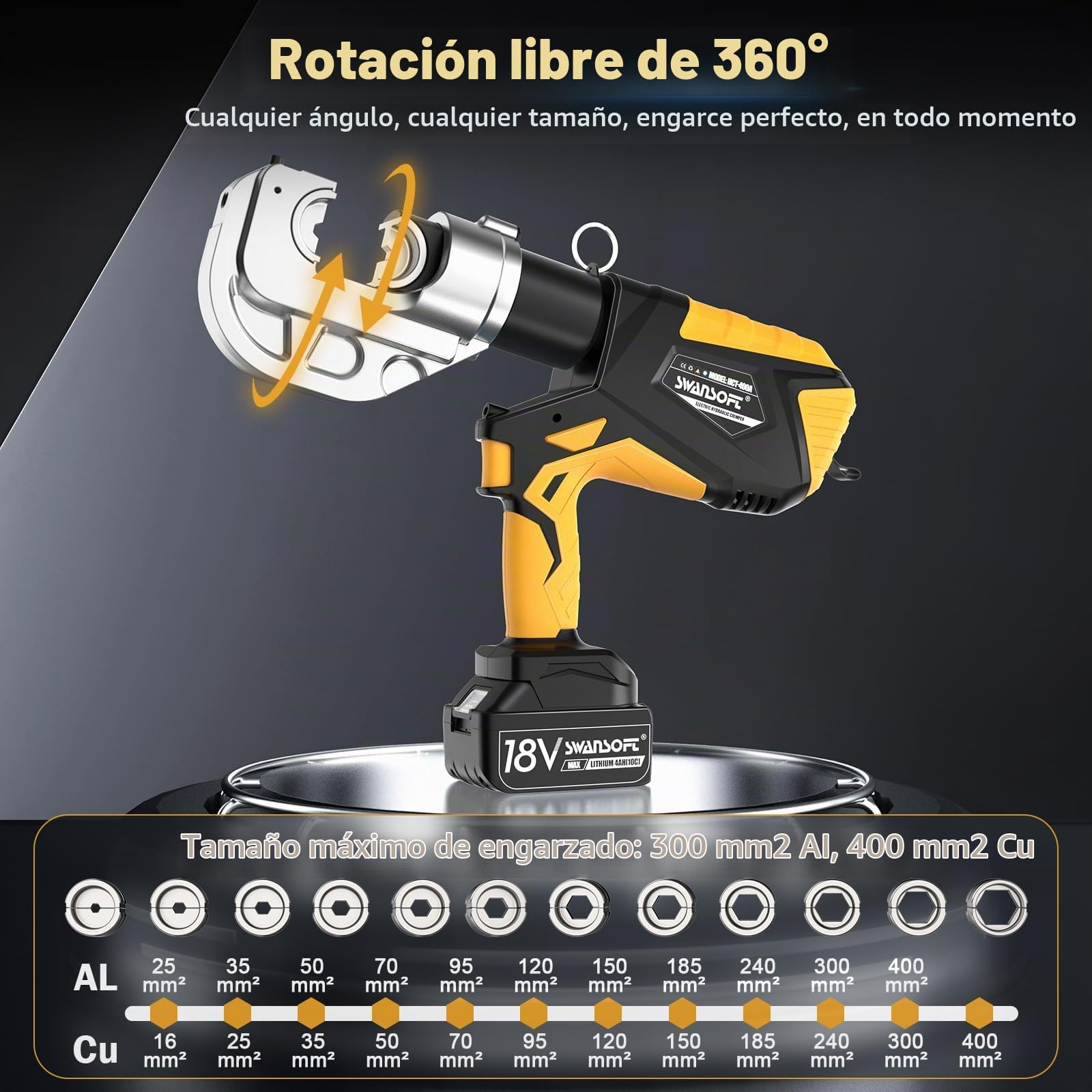 SWANSOFT Herramienta Hidráulica Eléctrica para Crimpar, 12 Ton 16mm²-400mm², Crimpadora Hidráulica Recargable para Terminales de Cobre/Aluminio, Kit de Herramienta para Crimpar Cable con 12 Molde
