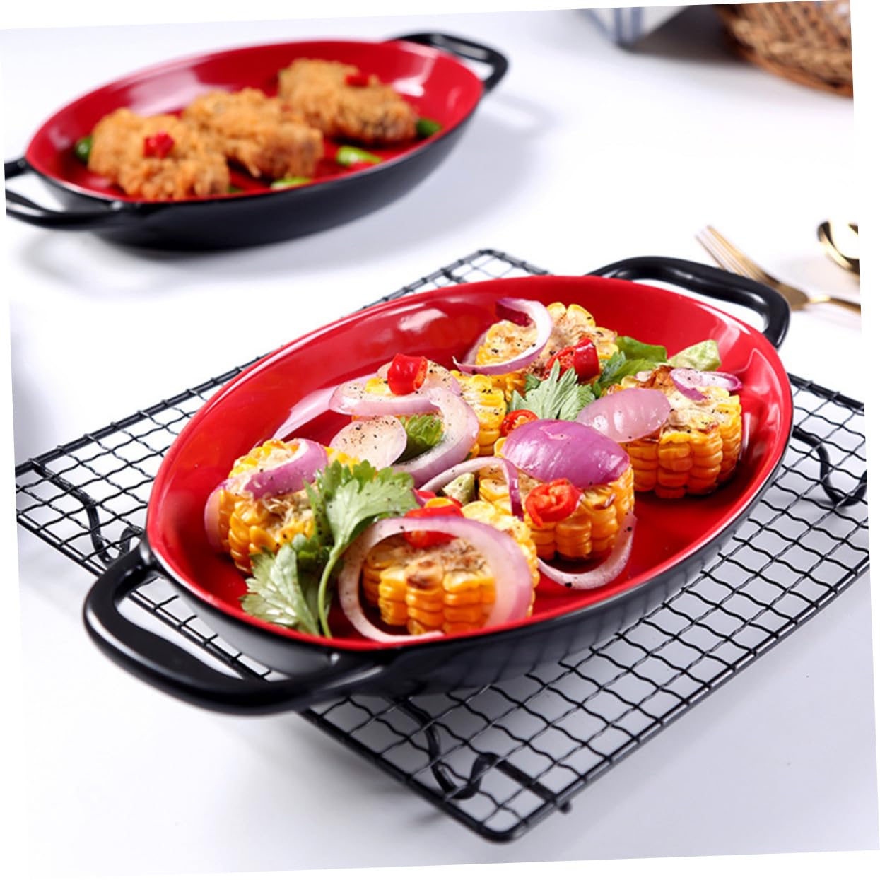 Plat de Cuisson Céramique avec Double Anse Résistant Aux Hautes Températures pour Rôtissage Cuisson Four et Service Quotidien Adapté Aux Repas Familiaux