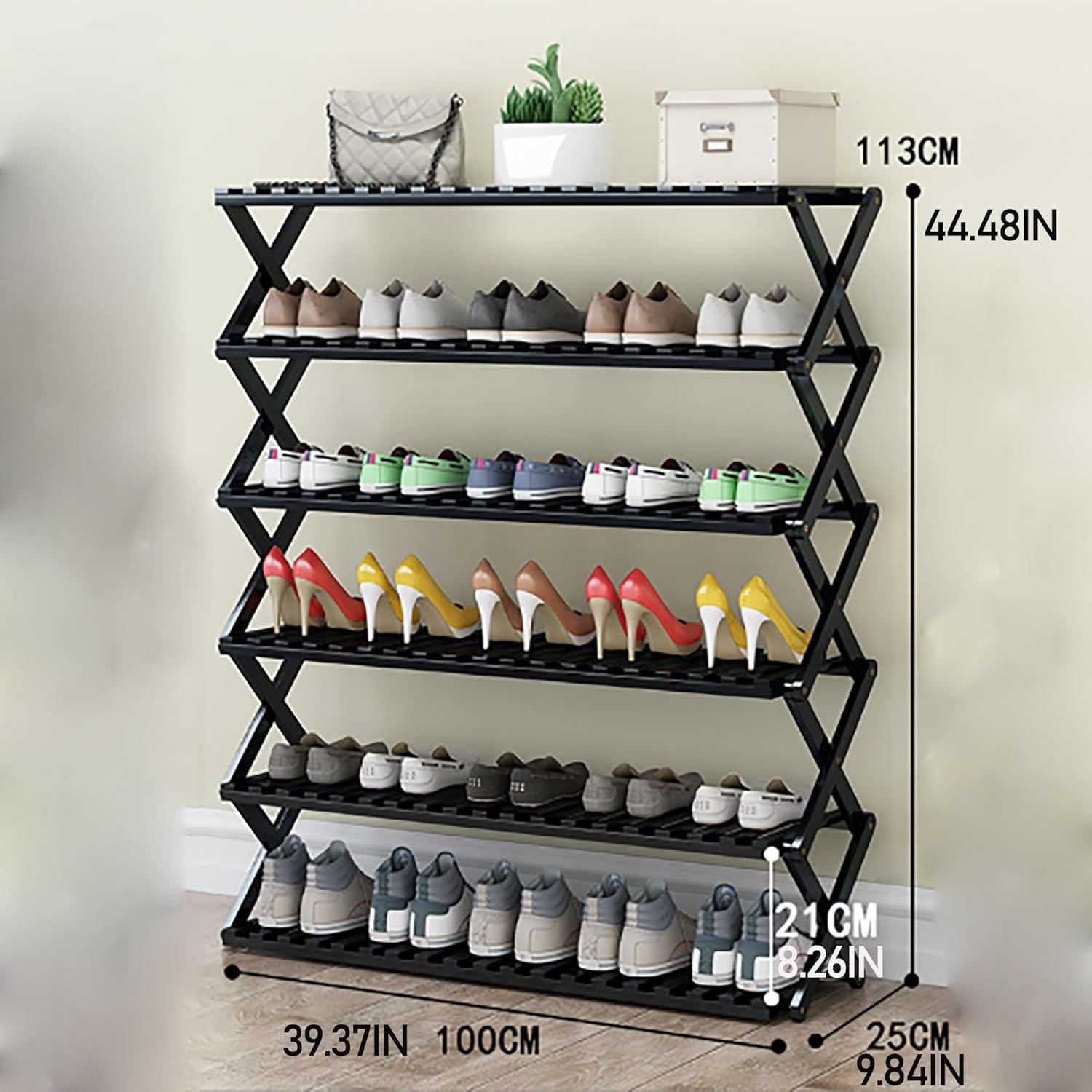 Foldable Bamboo Shoe Rack - Multi-Layer Storage nizer for Corridor, Living Room, Balcony & Kitchen, Simple Design, Black Color, Space-Saving Solution for Shoes.