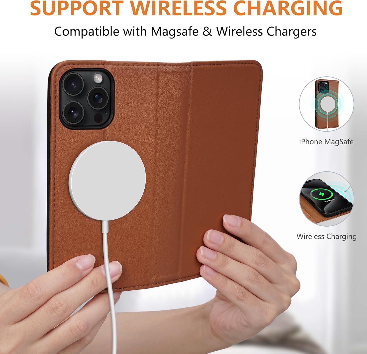 Wallet Case for iPhone 15 Pro Max 6.7", Genuine Leather Flip Folio Book Case Compatible with Magsafe, RFID Blocking Magnetic Card Holder Kickstand Cover Men Women for iPhone 15 Pro Max - Brown