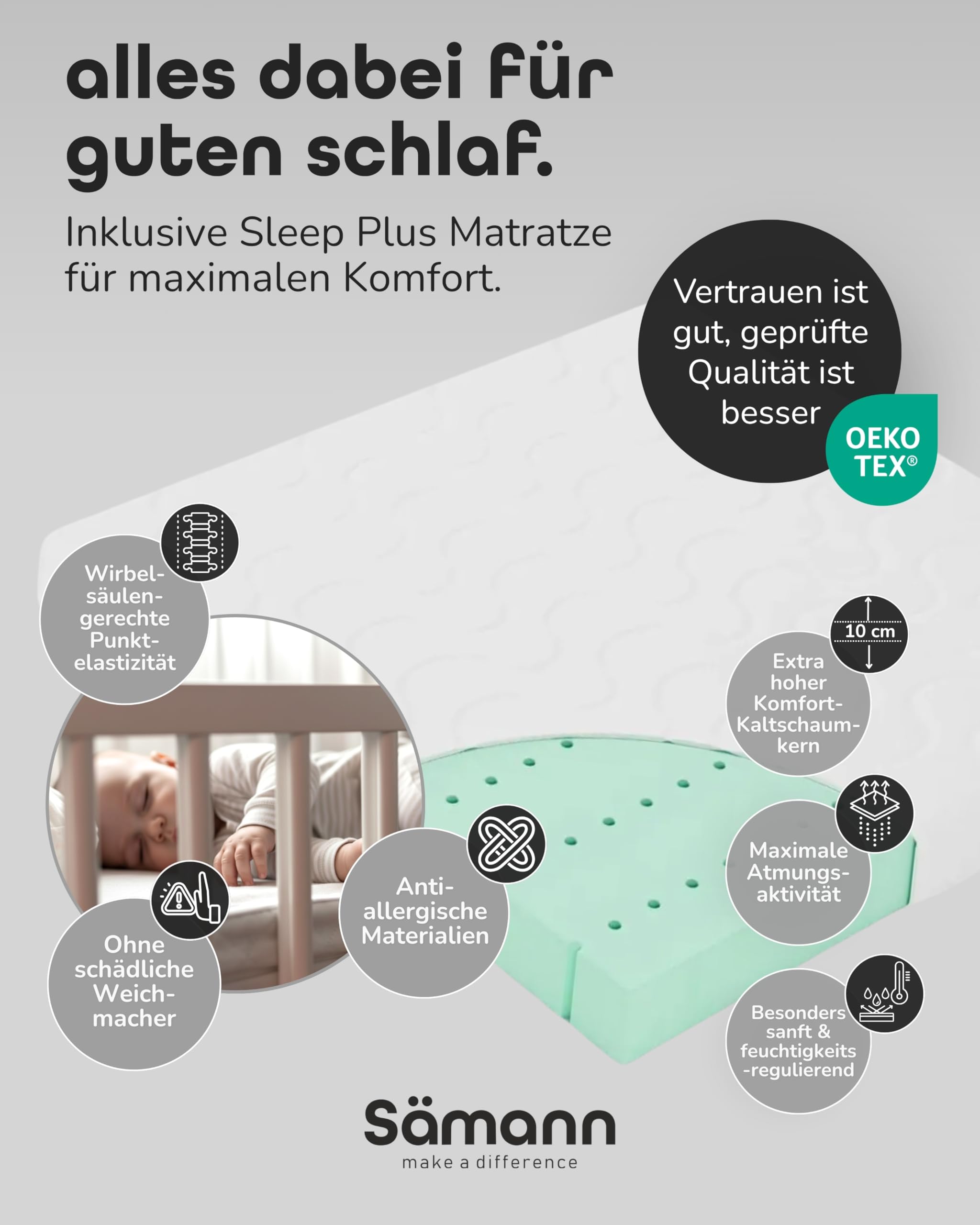 Sämann Laufstall Baby mit Lattenrost und Matratze SleepPlus | stufenlos höhenverstellbar | Laufgitter Premium | Babybett aus Holz | Krabbelgitter (grau, 120x120 cm)