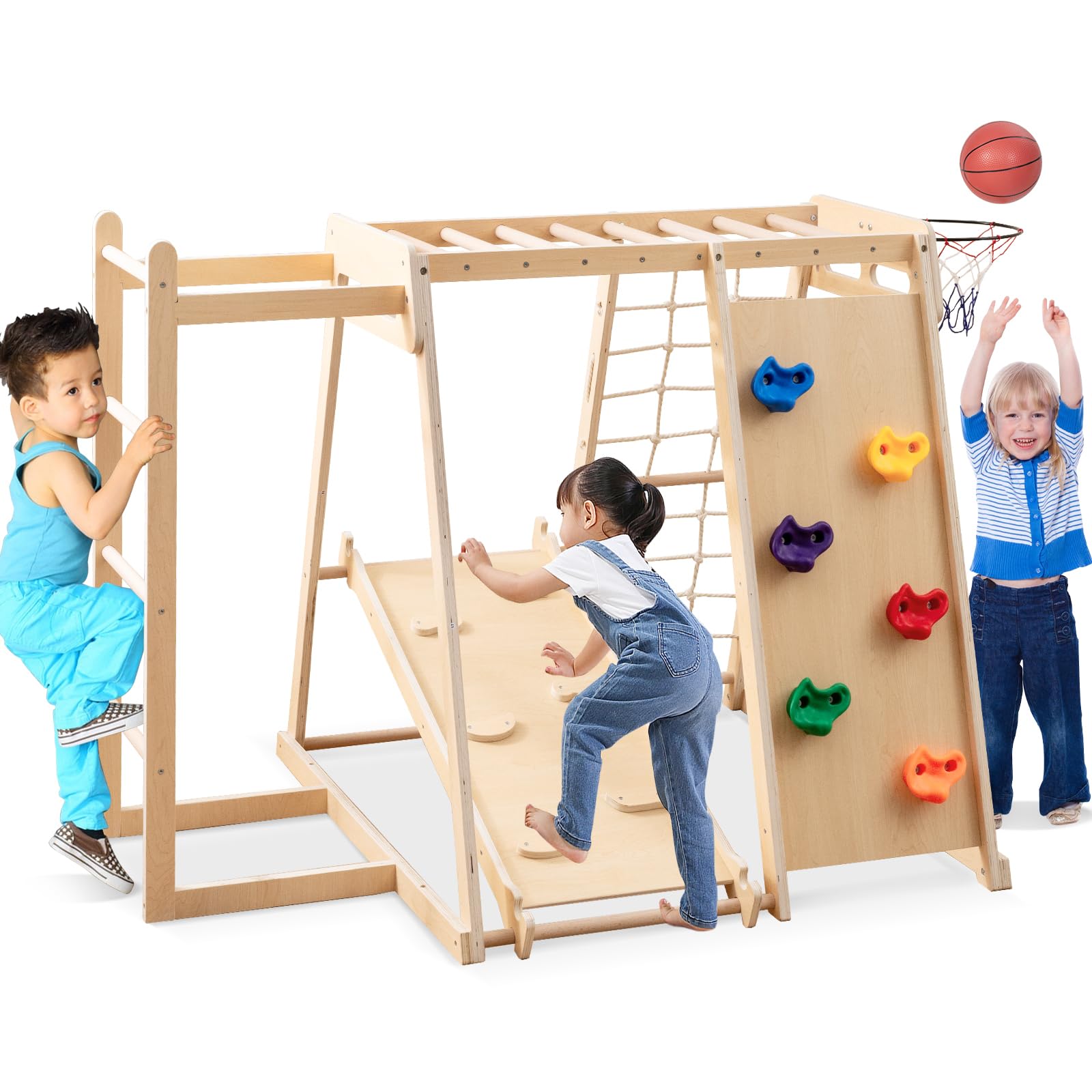 COSTWAY Indoor Climbing Frame for Toddlers, 6-in-1 Wooden Kids Jungle Gym with Slide, Rock Climbing Wall, Basketball Hoop, Monkey Bar, Rope Net, Ladder (Natural)