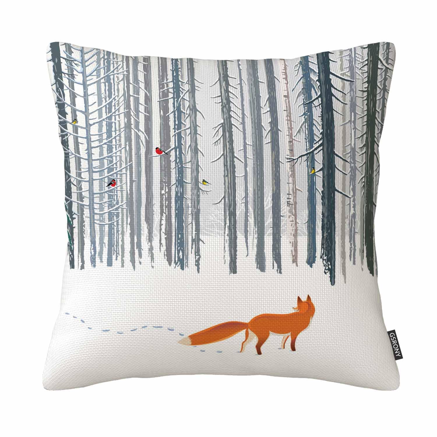 Gsrony Green, Brown, White Fox Throw Pillow Covers Winter Forest Landscape Fox Bird Cushion Pillow Case Home Decor Pillowcase 18X18 Inches