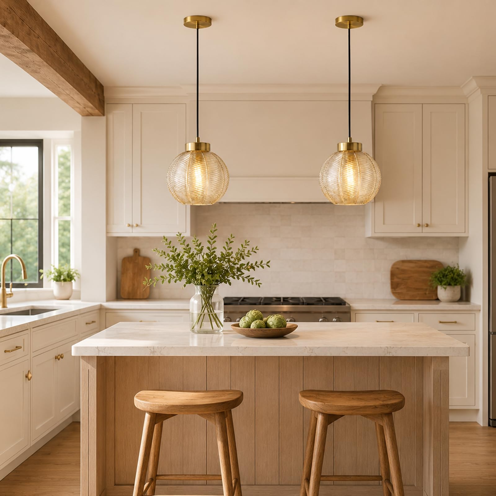 Suspension Luminaire Moderne à Boule de Verre de 20cm en Finition Dorée, Lampe Suspendu Hauteur Réglable E27 Lustre pour Salle à Manger,Salon,Chambre,Cuisine (Ambre)