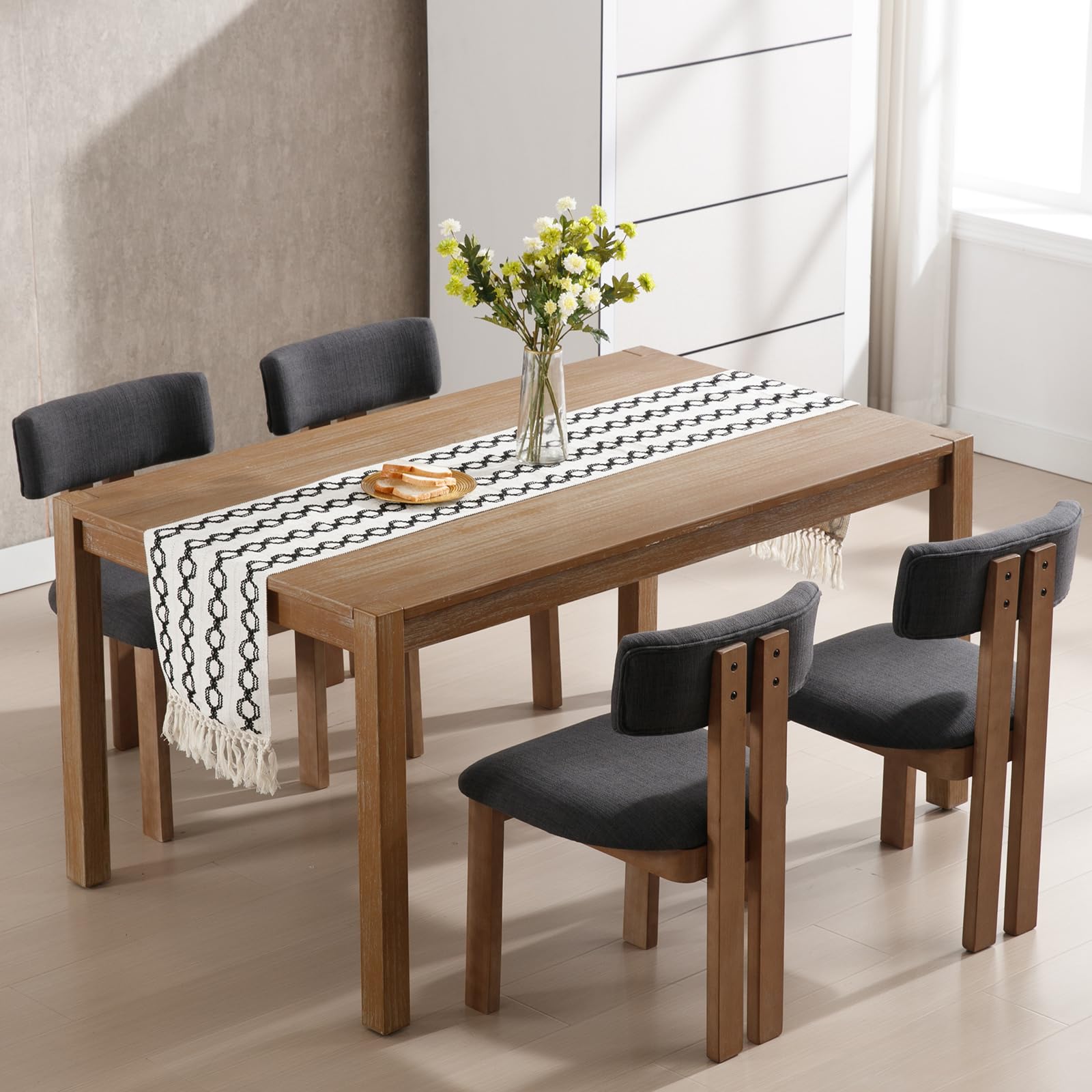 Kmax Farmhouse Dining Chair Set of 4, Linen Fabric Kitchen Chair Curved BackArmless Dining Room Chairs with Walnut Wood Legs for Family Diner,